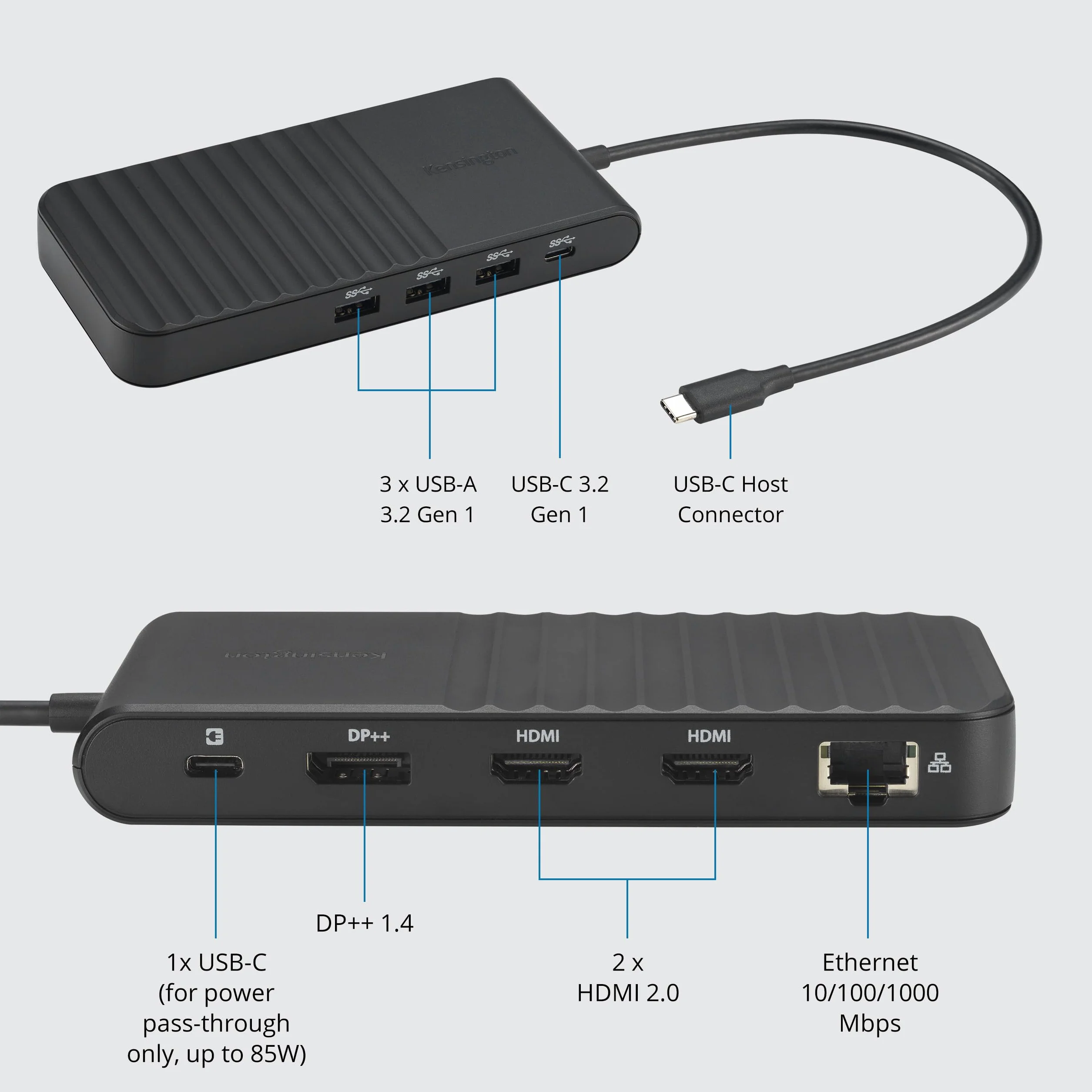 Mobilna stacja dokująca UH1500P Kensington EQ USB-C, potrójne wyjście wideo. Pojedyncze 8K@30Hz. Podwójne 4K@60HZ oraz potrójne 1080p@60Hz. Kompatybilna z laptopami Lenovo, HP, Dell, MacBook. K34039WW