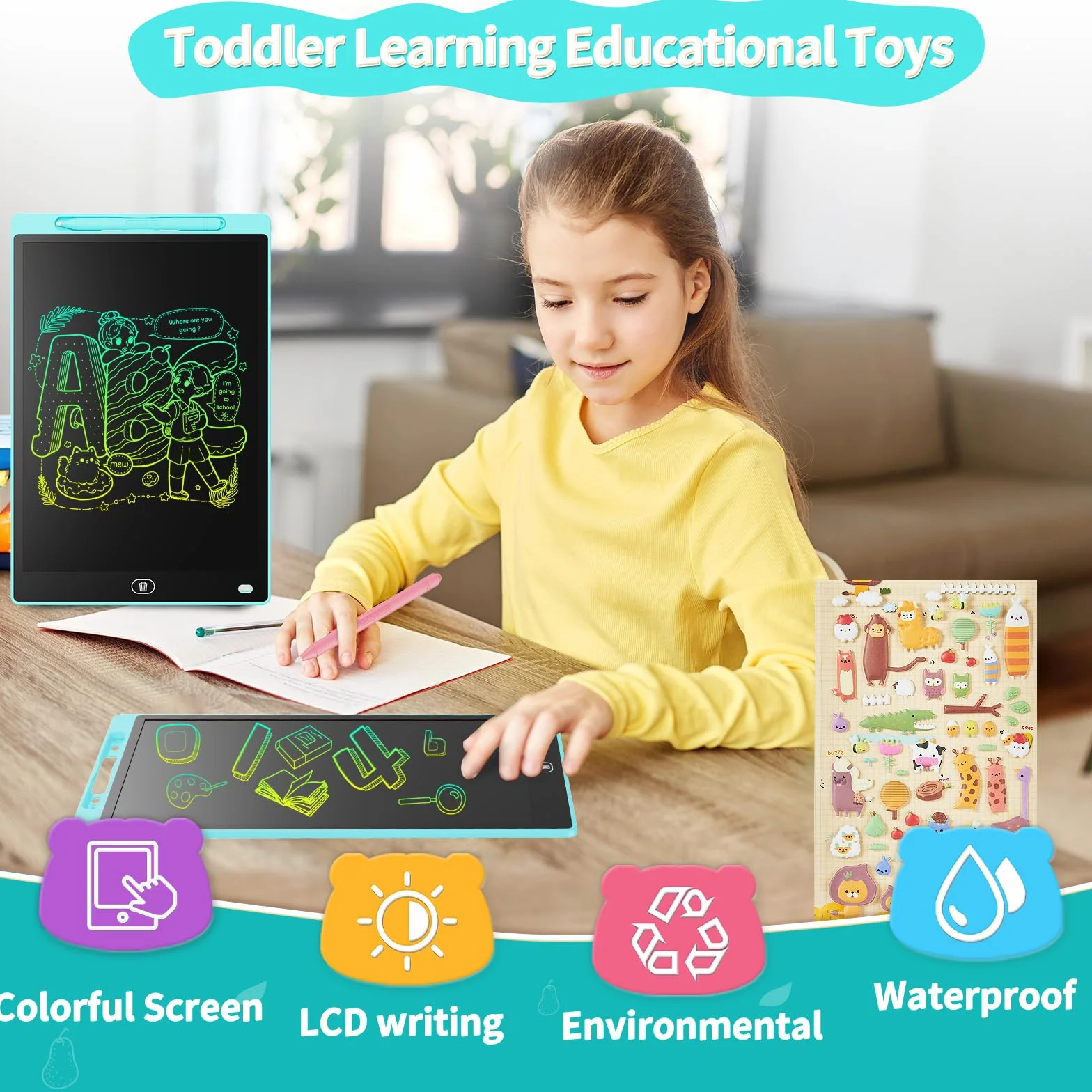 Genialba Tablet LCD do Pisania 12 Cali Kolorowy Tablet Elektroniczny Ekran do Rysowania Zabawka Edukacyjna Prezent dla 2 3 4 5 lat Chłopcy Dziewczęta Boże Narodzenie Urodziny (Niebieski)