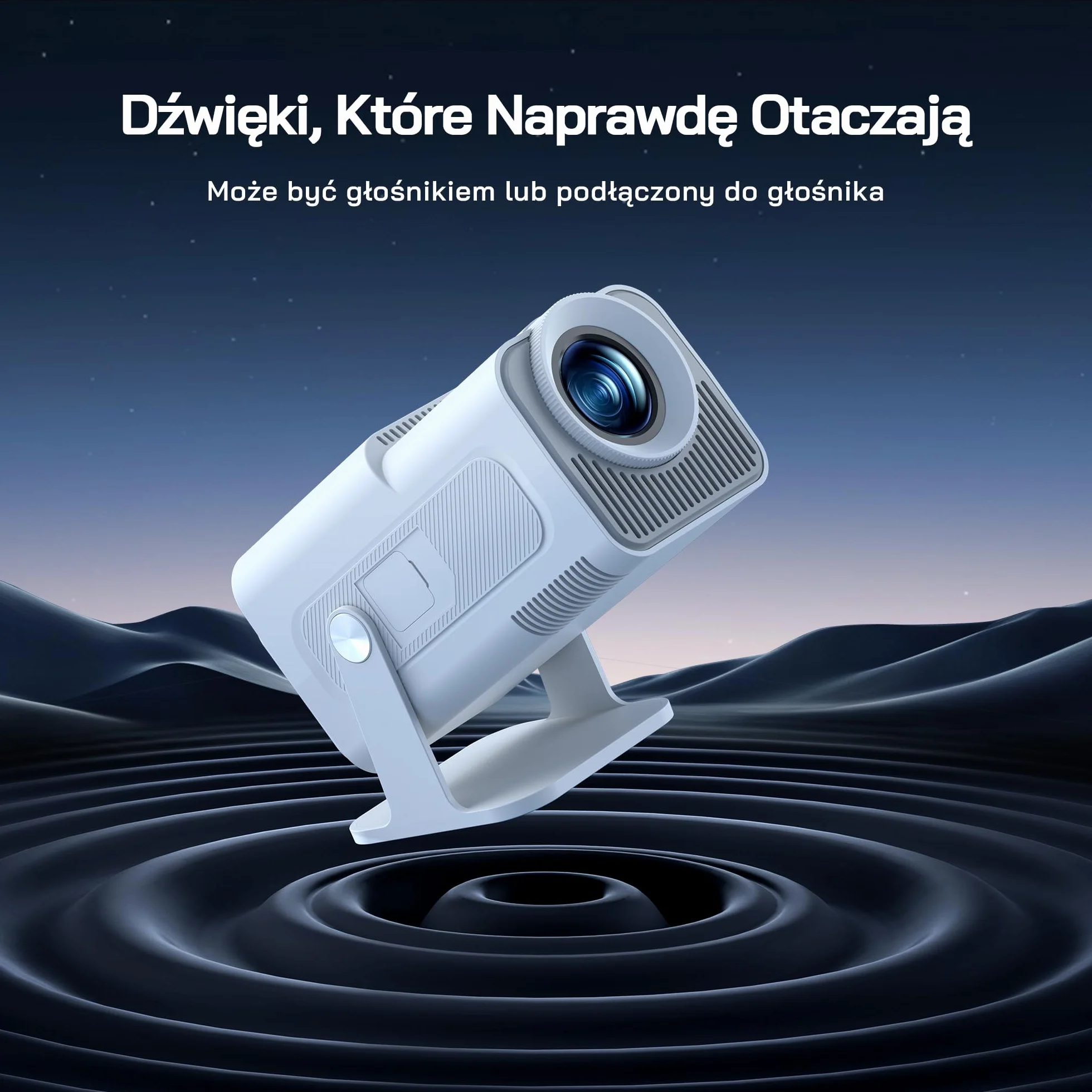 WOLFANG WP03 Mini Projektor 1080P z Aplikacją na Androida, Przenośny Projektor z WiFi i Bluetooth do Kina Domowego, Korekcja Trapezowa Czterech Narożników, Obrotowy o 180° Zewnętrzny Projektor Filmowy