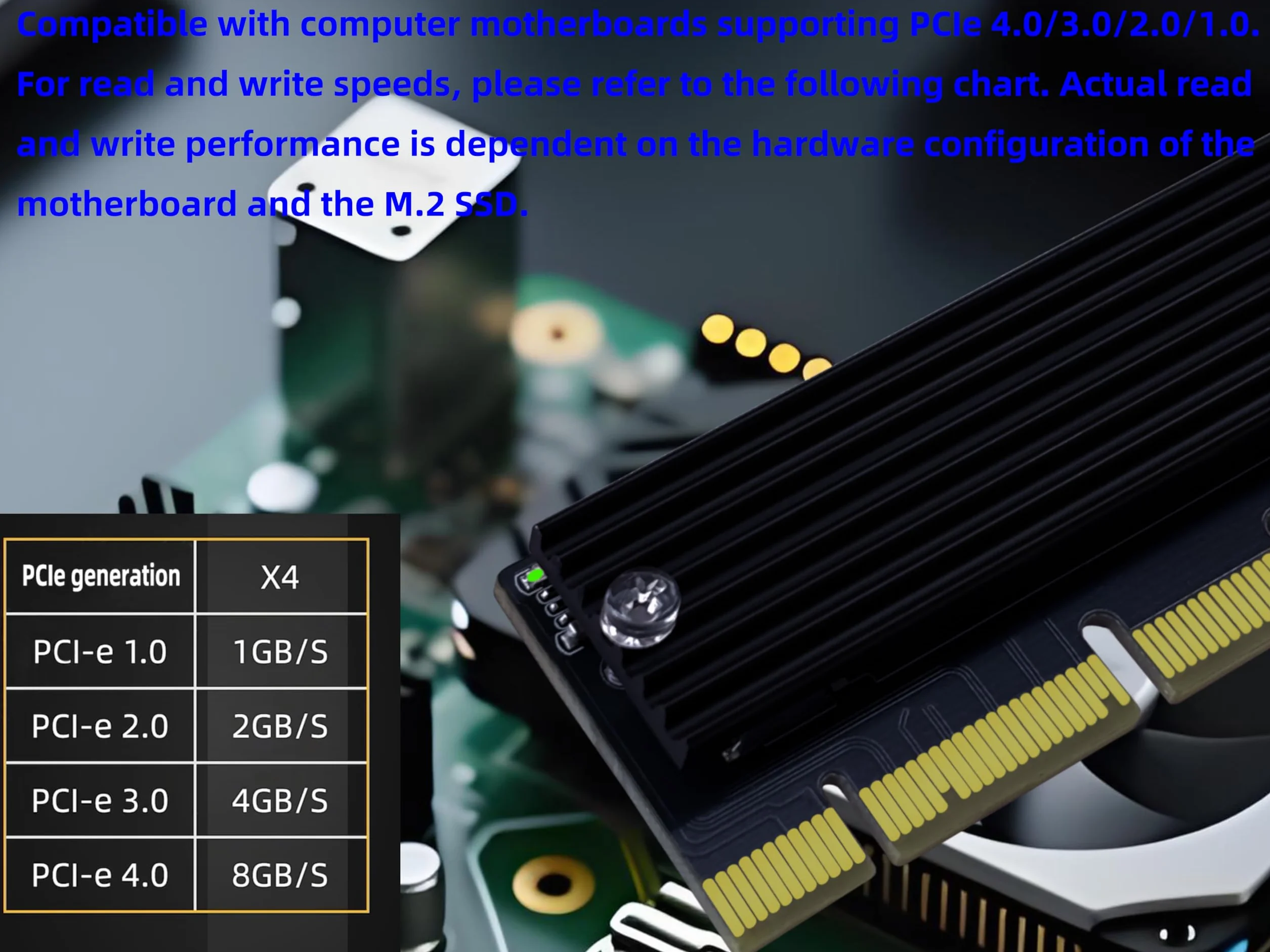 Karta adaptera PCIe NVMe z radiatorem, interfejs x16 pasuje do gniazd x4/x8, konwertuje dysk M.2 SSD na PCIe 4.0/3.0 na komputer stacjonarny