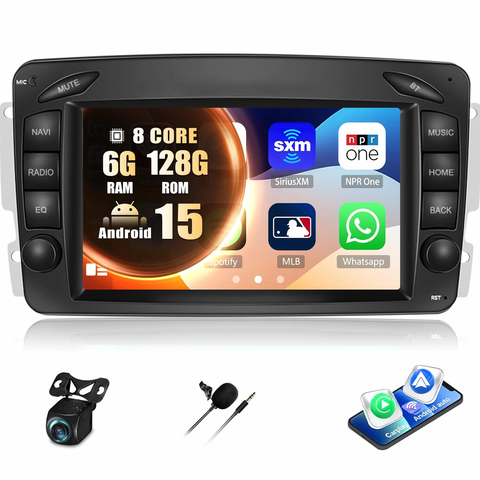 6 GB + 128 GB bezprzewodowy CarPlay dla Mercedesów W203 (2000–2005) i W209 (1998–2004) – odtwarzacz Android 15.0 7 cali z GPS kamerą cofania podzielonym ekranem WiFi i Bluetooth 5.0