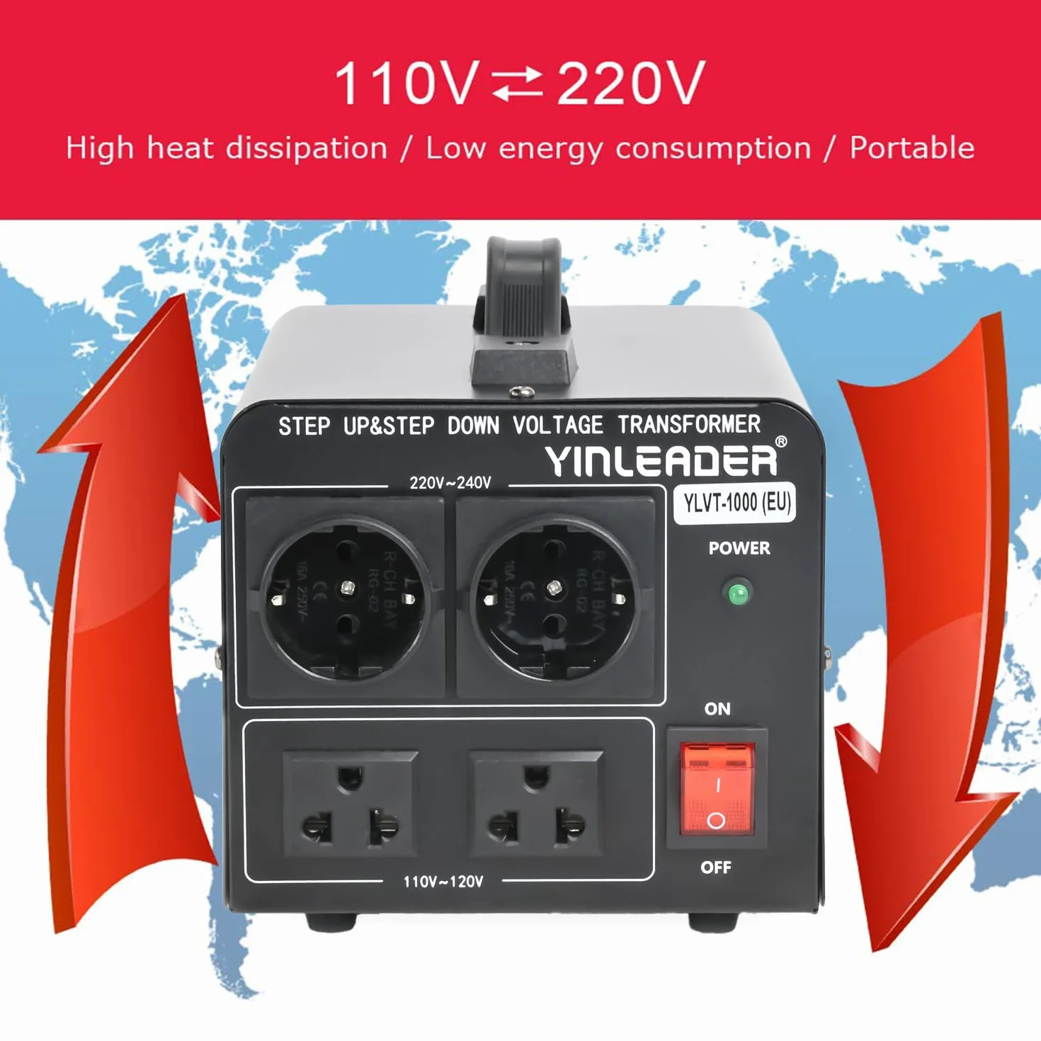 Yinleader Transformator konwertera napięcia 1000 W 110 V/220 V, certyfikat CE, gniazda 2 x 110 V/220 V, ochrona przed przeciążeniem, 1000 VA, 50/60 Hz, 4,1 kg
