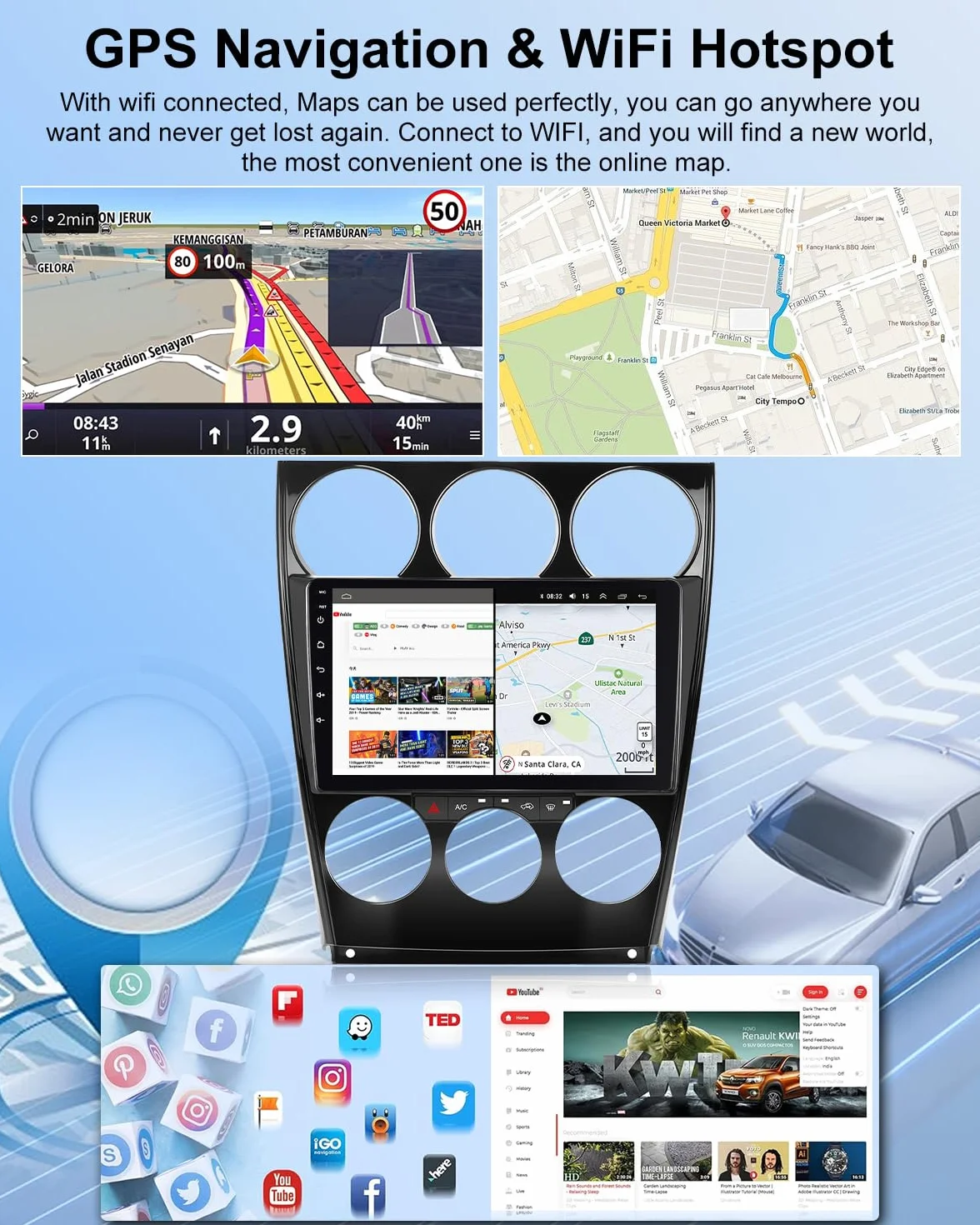 NHOPEEW 2+64G 9-calowe radio z Androidem do Mazdy 6 2002-2015 - bezprzewodowe CarPlay i Android Auto nawigacja GPS, sterowanie kierownicą, FM RDS, dzielony ekran + kamera cofania
