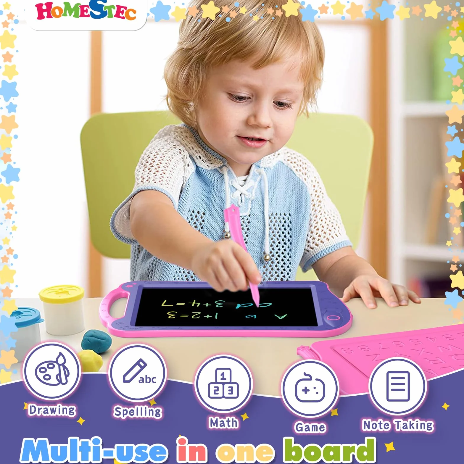 HOMESTEC AstroDraw Zabawki dla dziewczynek w wieku 2, 3, 4, 5, 6 lat, prezent, kolorowa podkładka do rysowania z przenośnym uchwytem, tablet do pisania LCD dla dzieci, zabawki podróżne, edukacyjne,