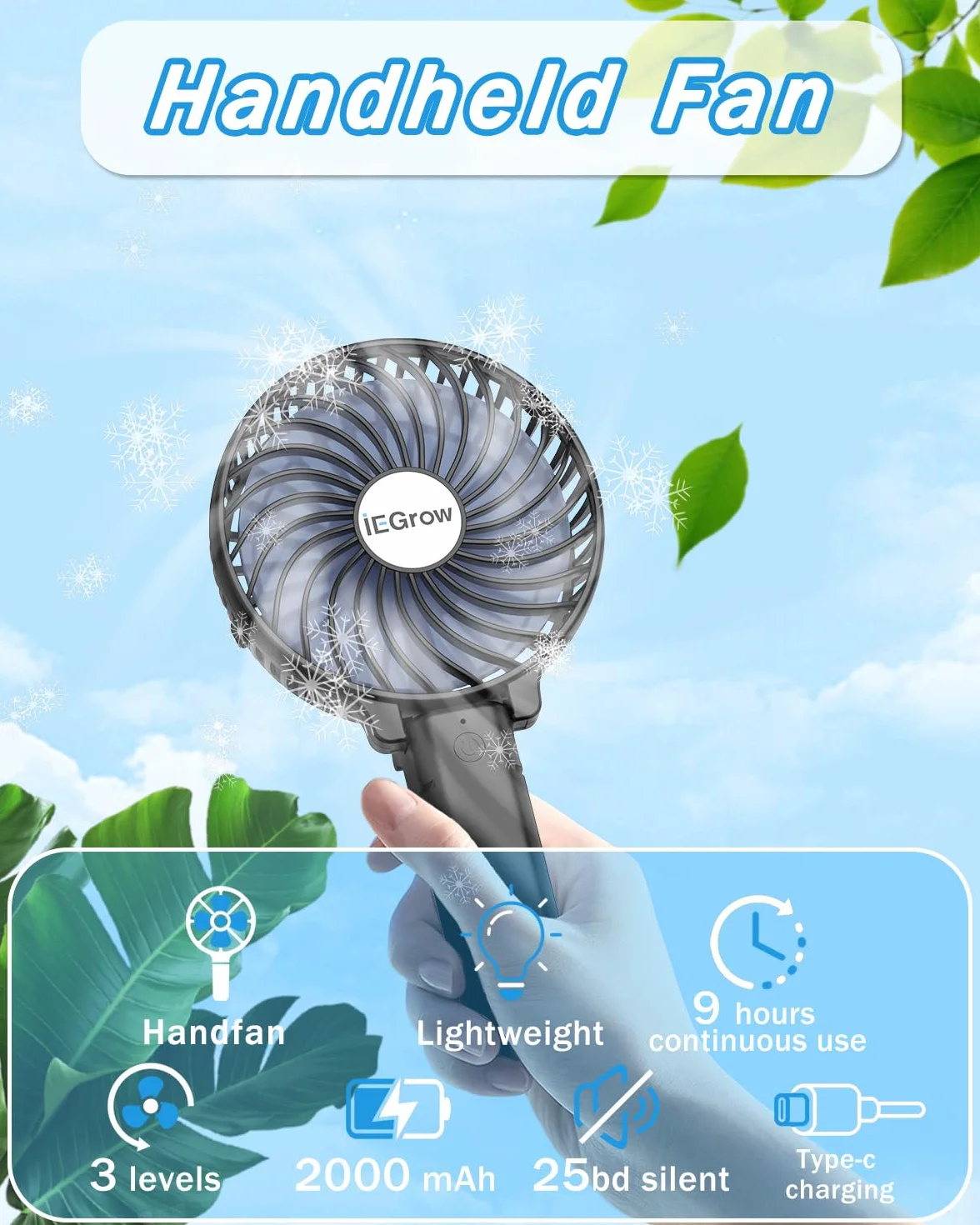 iEGrow USB Ventilator Leise Mini Handventilator Ventilatoren Lüfter mit Batterie Farbe (Schwarz)