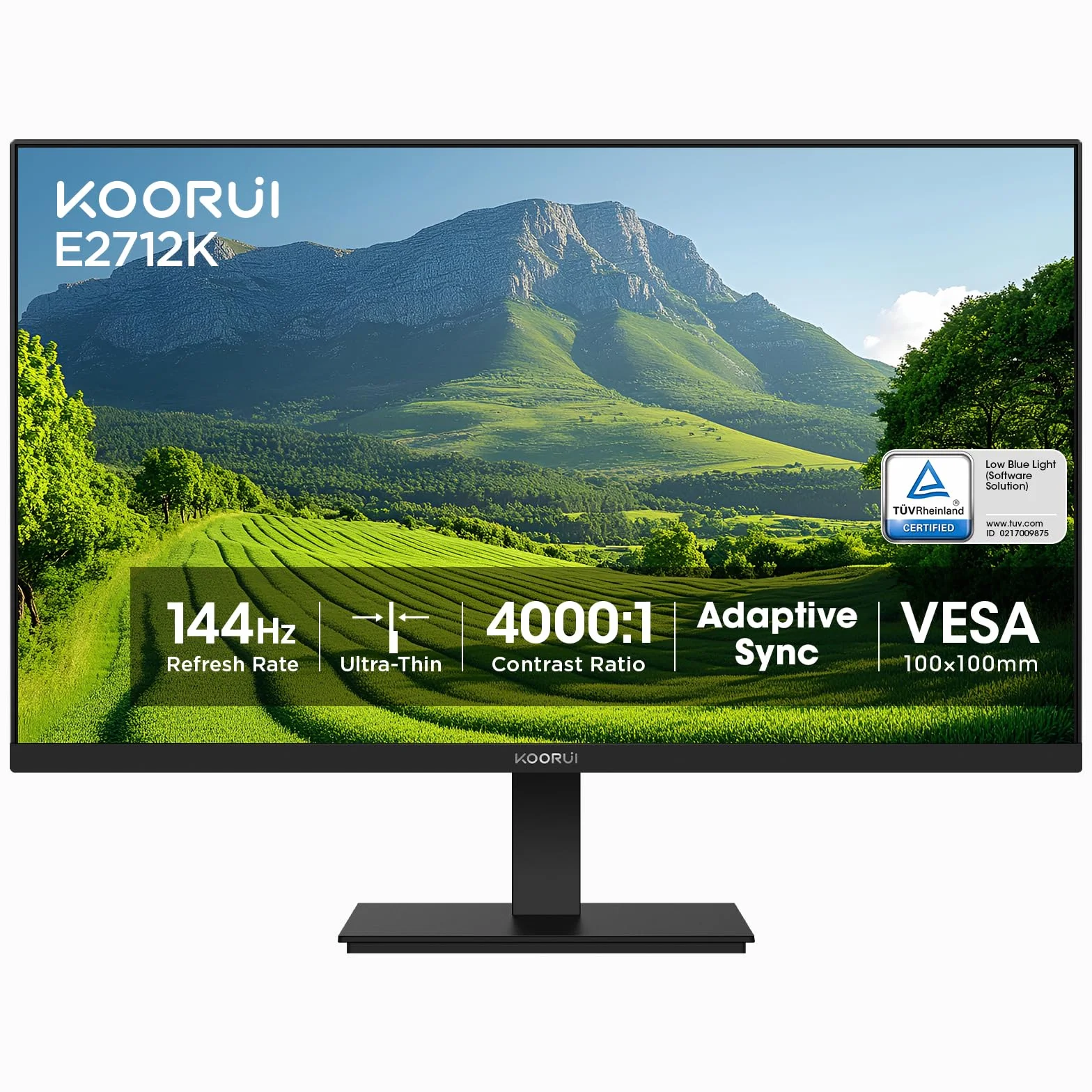 KOORUI 27-calowy ekran PC Full HD (1920 x 1080), IPS, 16:9, 75Hz, 5ms, VGA i HDMI, tryb słabego niebieskiego światła, szeroki kąt widzenia 178°