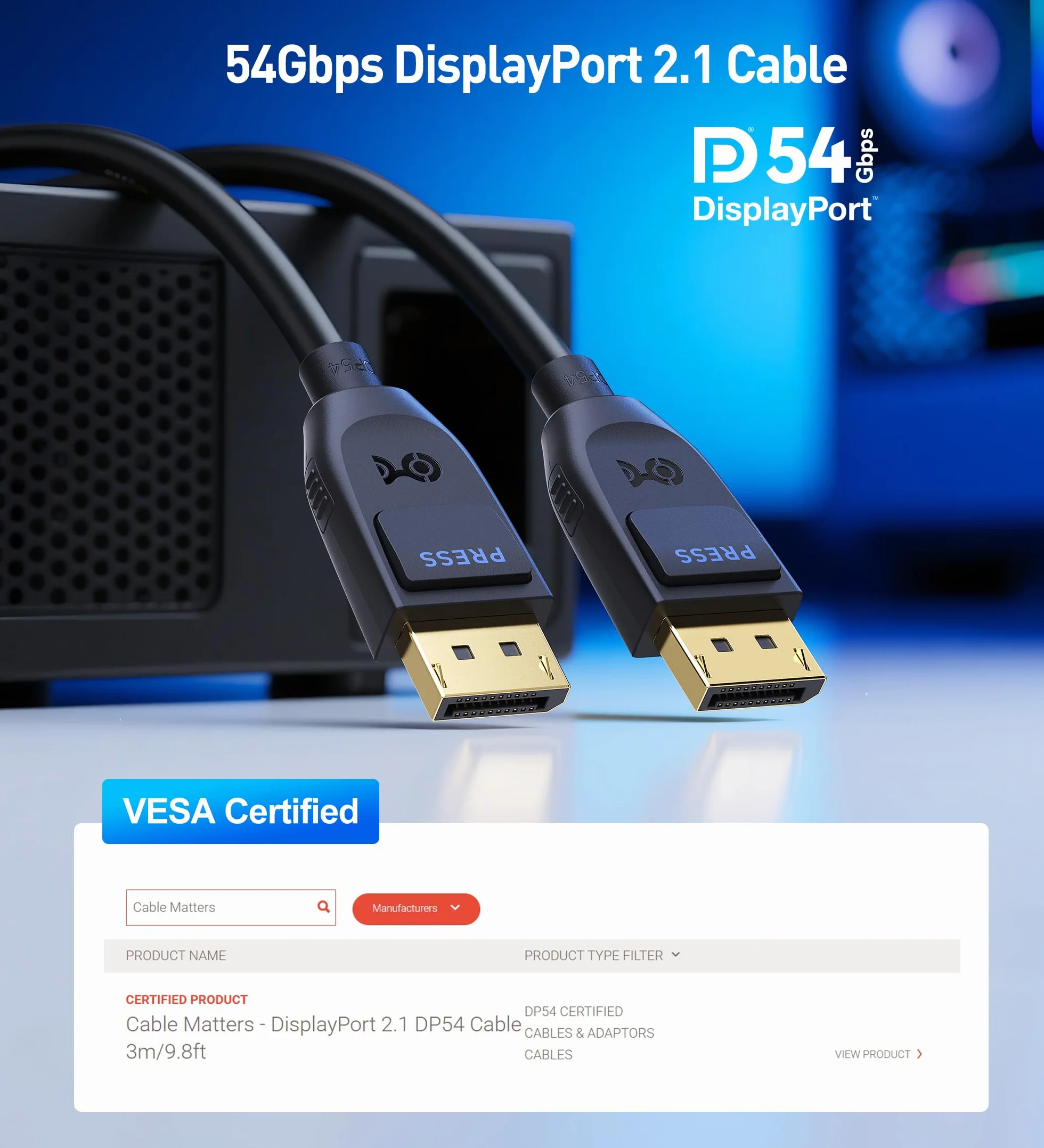 Cable Matters Kabel DisplayPort 2.1 54 Gb/s 3 m DP54 8K 165 Hz 4K 500 Hz