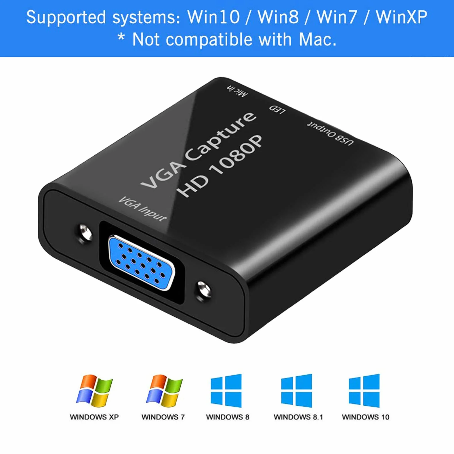 Karta przechwytywania wideo, adapter VGA na USB z wejściem mikrofonowym, adapter wideo HD 1080p, do transmisji na żywo, laptopów, monitorów, wideokonferencji i gier