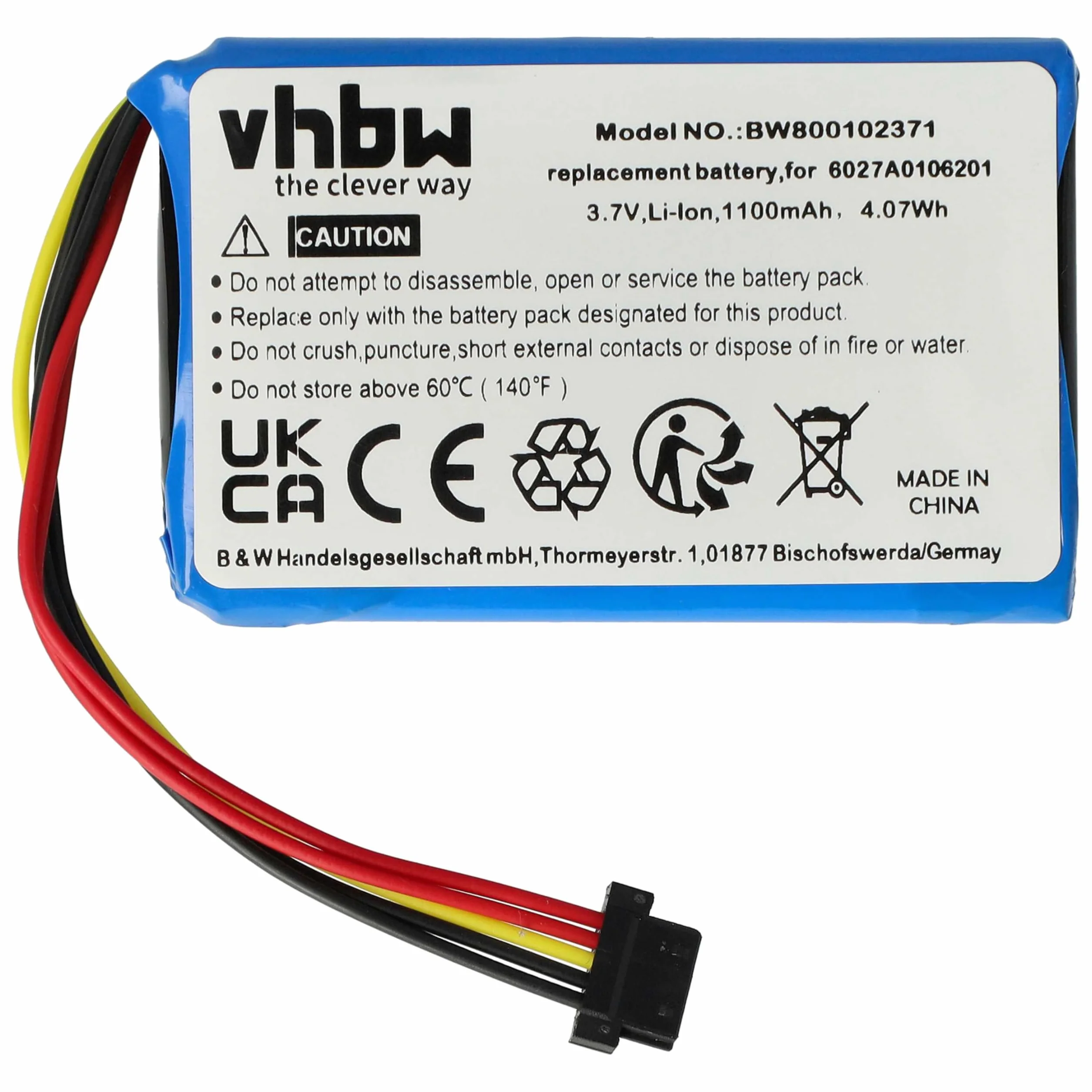 vhbw 1 x bateria kompatybilna z nawigacją Tomtom Go 6200, 6100, 6250, 4FL60 GPS Navigation Navi (1100 mAh, 3,7 V, litowo-jonowa)
