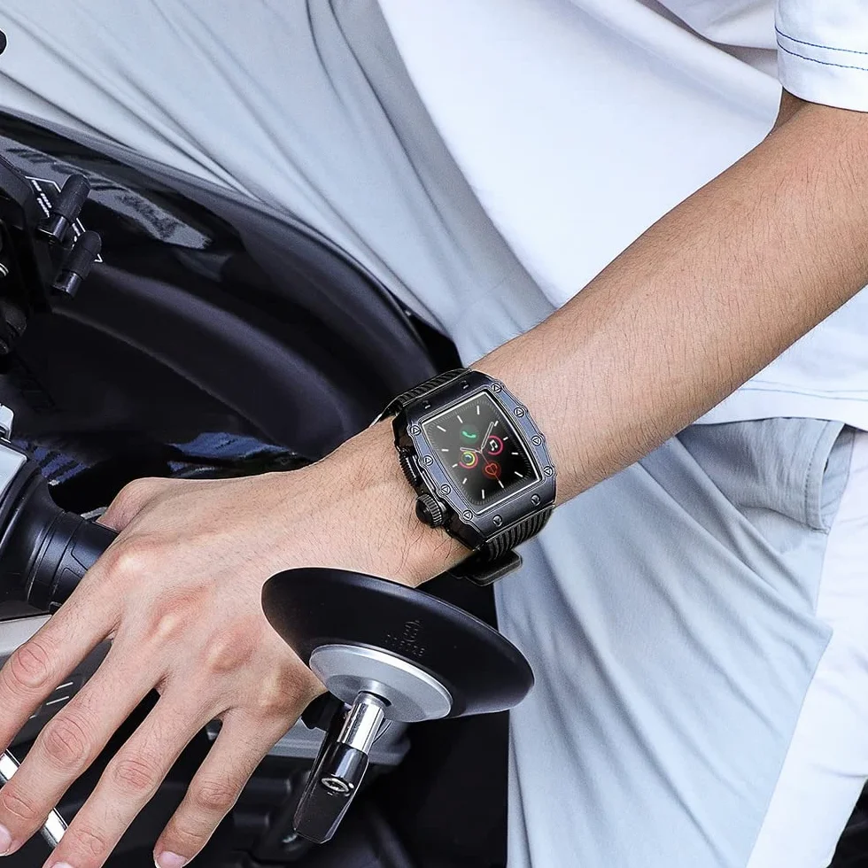 Hartowana folia metalowa obudowa silikonowy pasek 3 w 1 do zegarka Apple Watch 6 5 SE 44 mm do sportów na świeżym powietrzu inteligentny zegarek opaska na nadgarstek do iWatch 8 7 45 mm