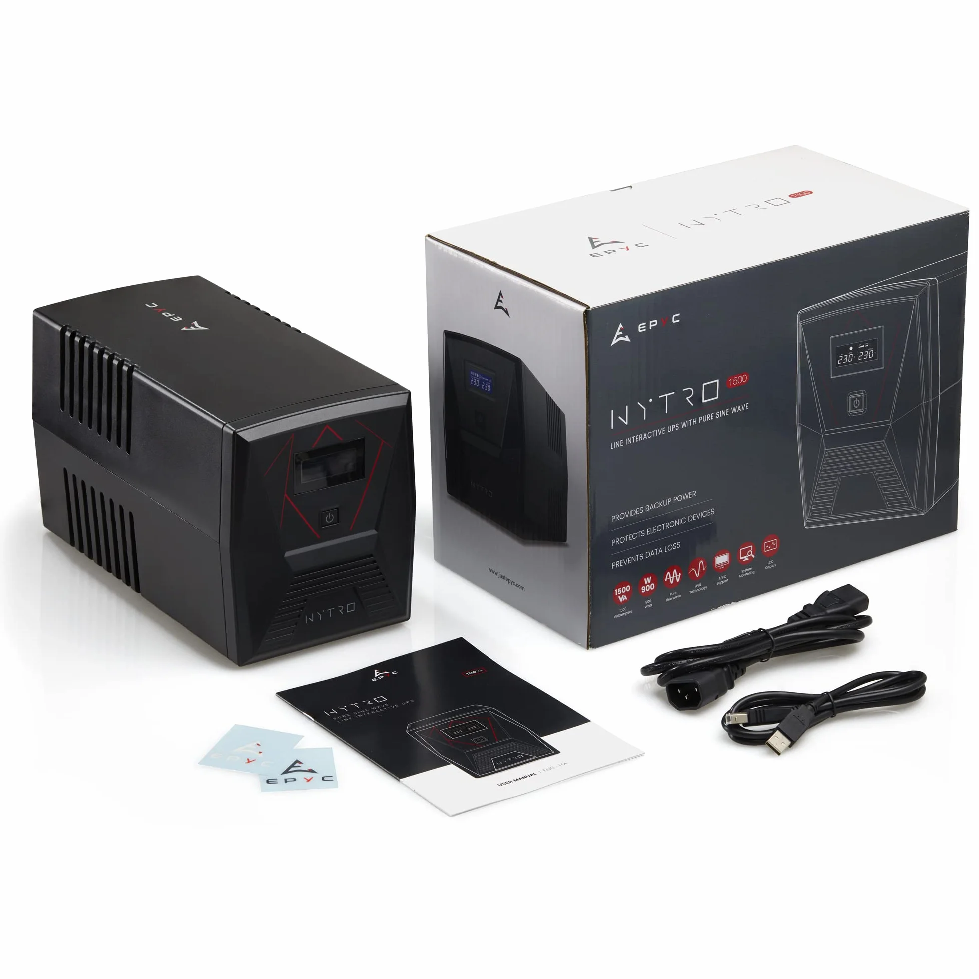 EPYC® NYTRO – UPS Czysta Sinusoida, UPS do Komputerów do Gier, Aktywne Zasilanie PFC, MAC, i Konsol do Gier (PS5, PS4 Pro, XBOX), Moc 1500VA/900Watt, Line Interactive AVR, 5 wyjść (2x Schuko + 3x IEC)