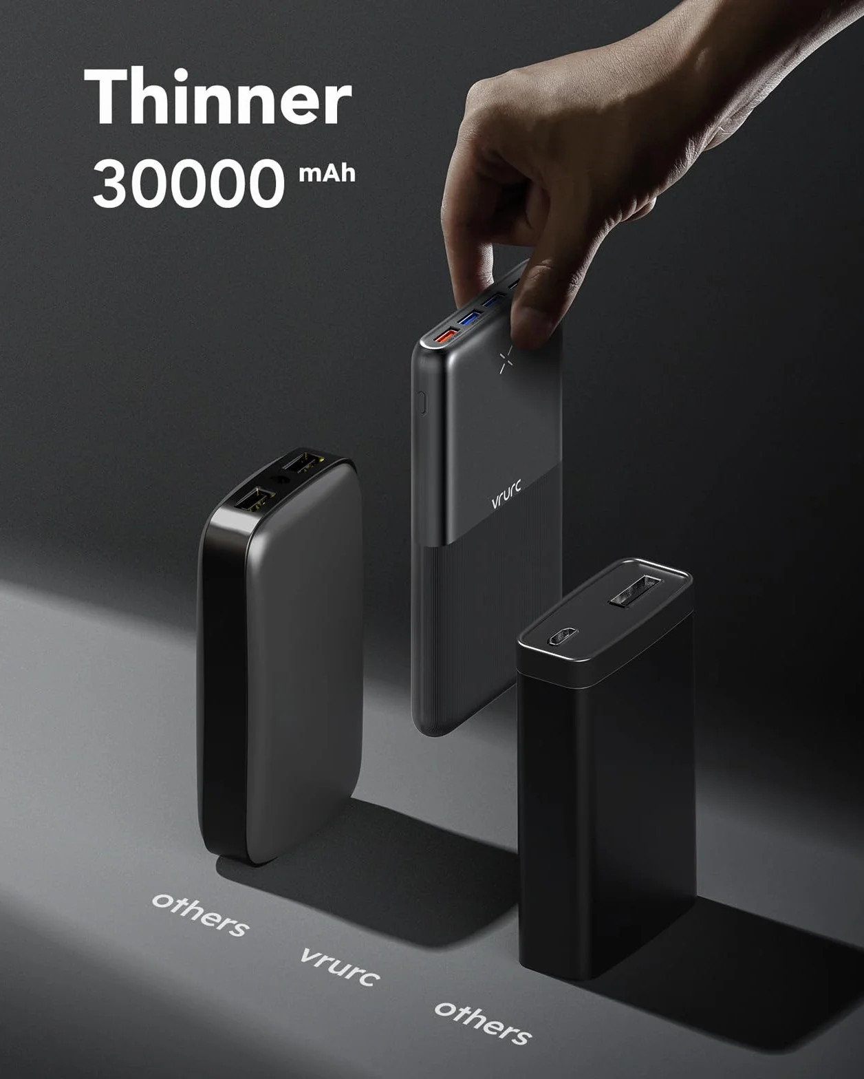VRURC Power Bank 30 000 mAh 22,5 W, powerbank, USB C, szybkie ładowanie, zewnętrzne akumulatory do telefonów komórkowych z 4 wyjściami i 3 wejściami, przenośna ładowarka, kompatybilna z iPhone, Huawei