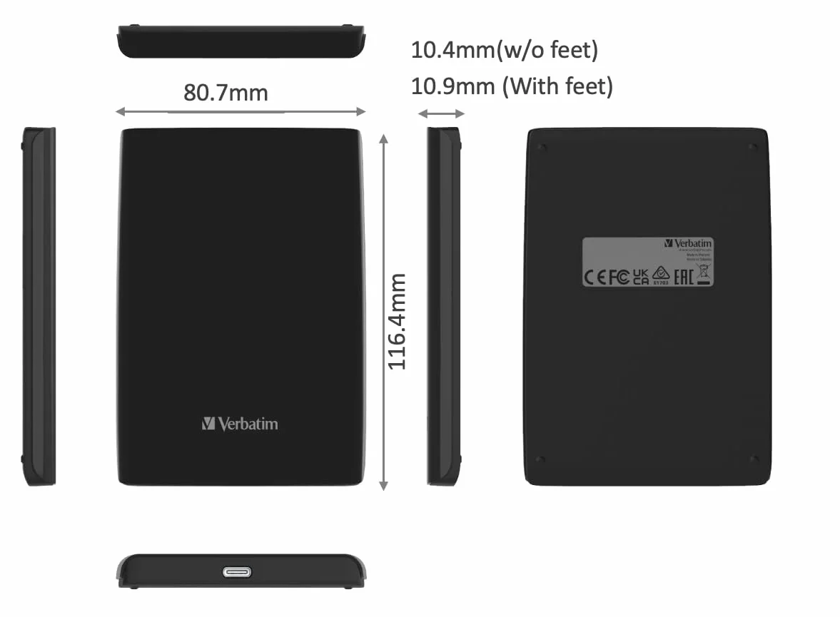 Verbatim Store 'n' Go Slim Portable SSD 256 GB, USB 3.2 Gen 1 SSD, do 5 Gbit/s ze złączem USB-C i adapterem, oprogramowanie Nero Backup, kompaktowy, lekki i niezawodny do komputerów Mac, PC, czarny