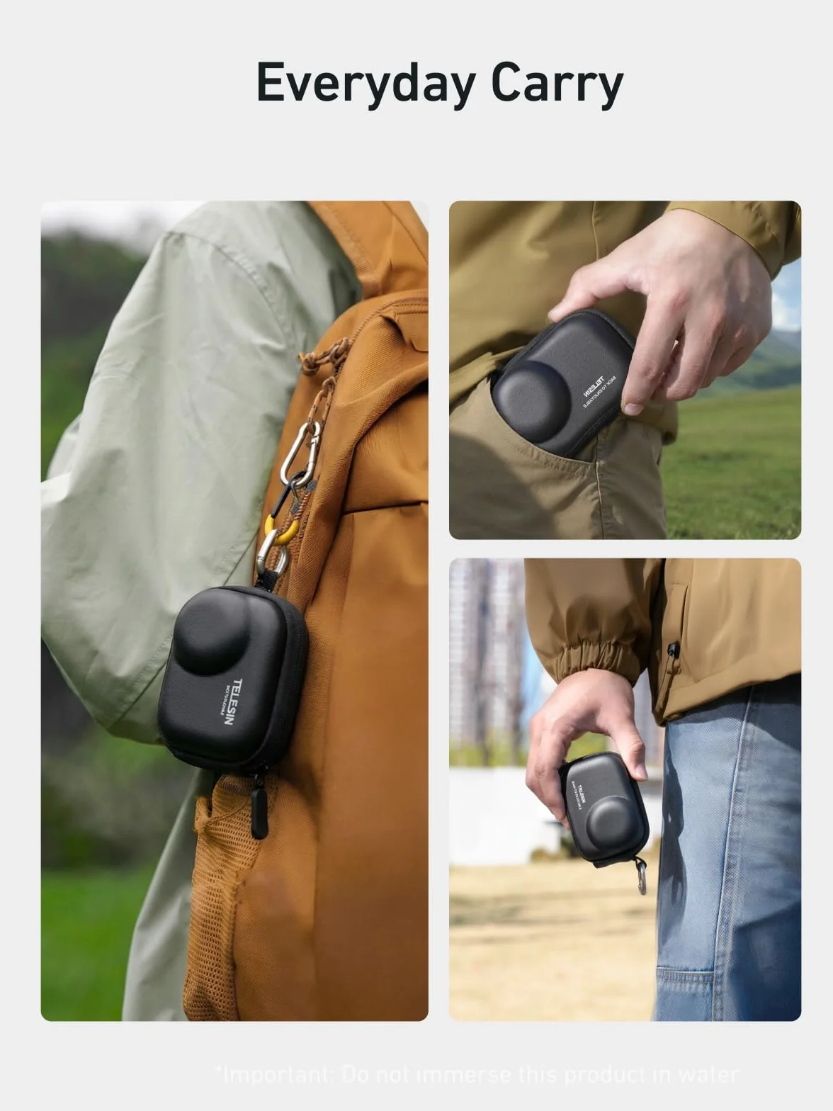 TELESIN Mini etui ochronne do DJI Osmo Action 6/5 Pro/4/3, wodoszczelne twarde etui z tworzywa EVA z karabińczykiem i otworem na dno, do kijków do selfie / statywu, akcesoria (czarne)