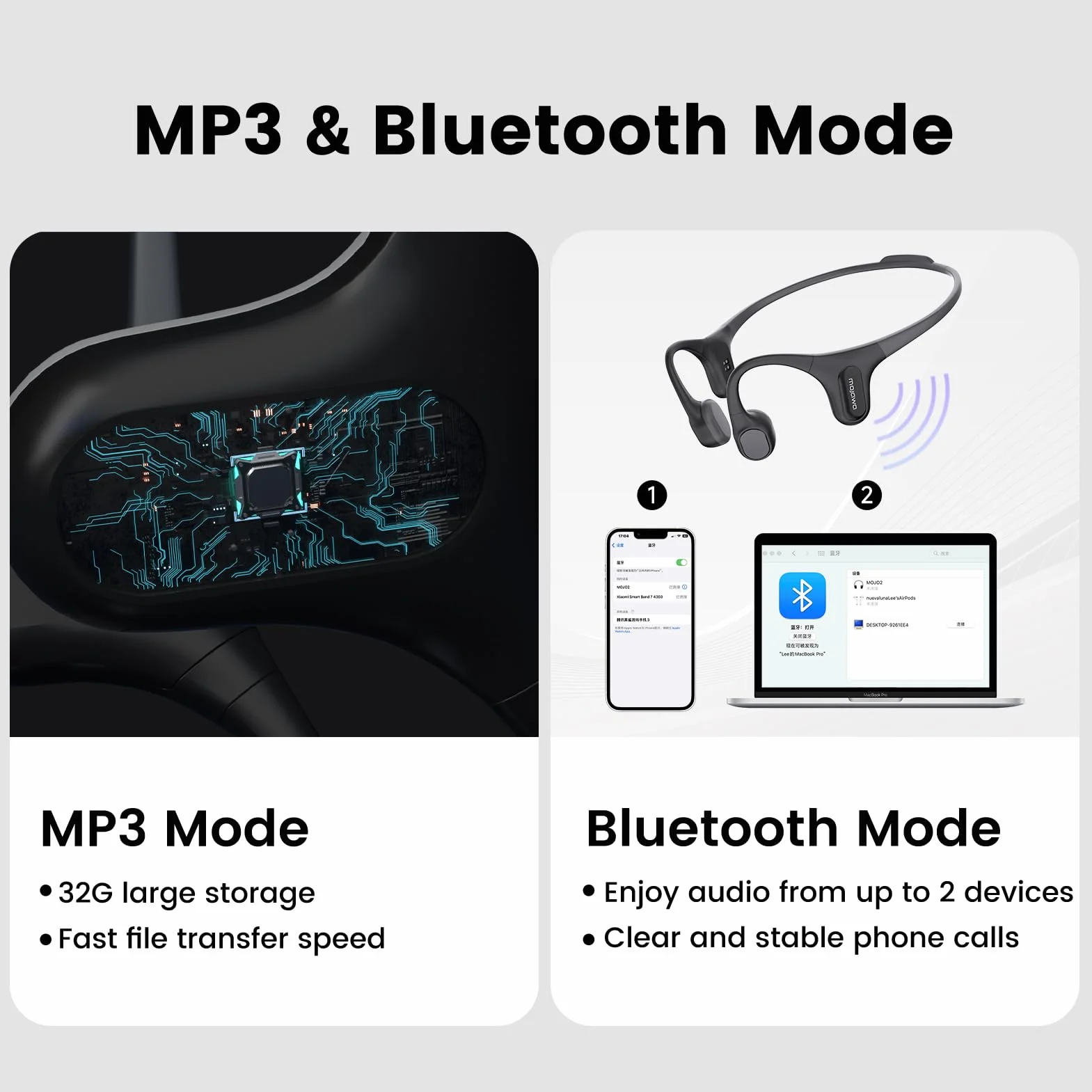 mojawa Słuchawki z przewodnictwem kostnym Run Plus, wodoszczelność IP68, 32 GB MP3 | 8H Playtime Open-Ear Bluetooth 5.2, głęboki bas, bezpieczne dopasowanie do biegania, pływania i siłowni, różowy