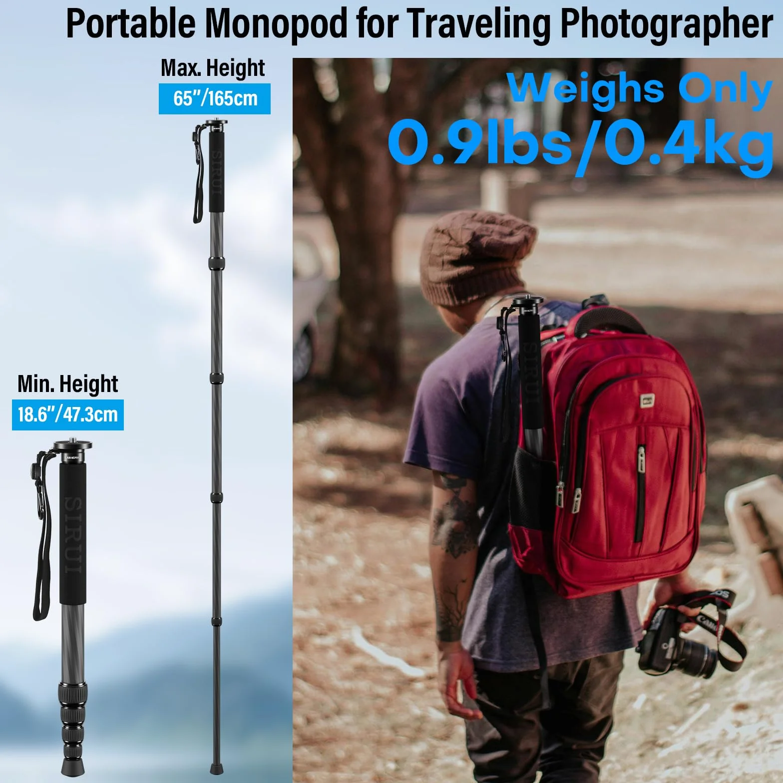 SIRUI Monopod z włókna węglowego do aparatu, kompaktowy, lekki monopod do podróży, 6 sekcji, obciążenie 10 kg, w zestawie uchwyt na telefon (AM-MDP01)