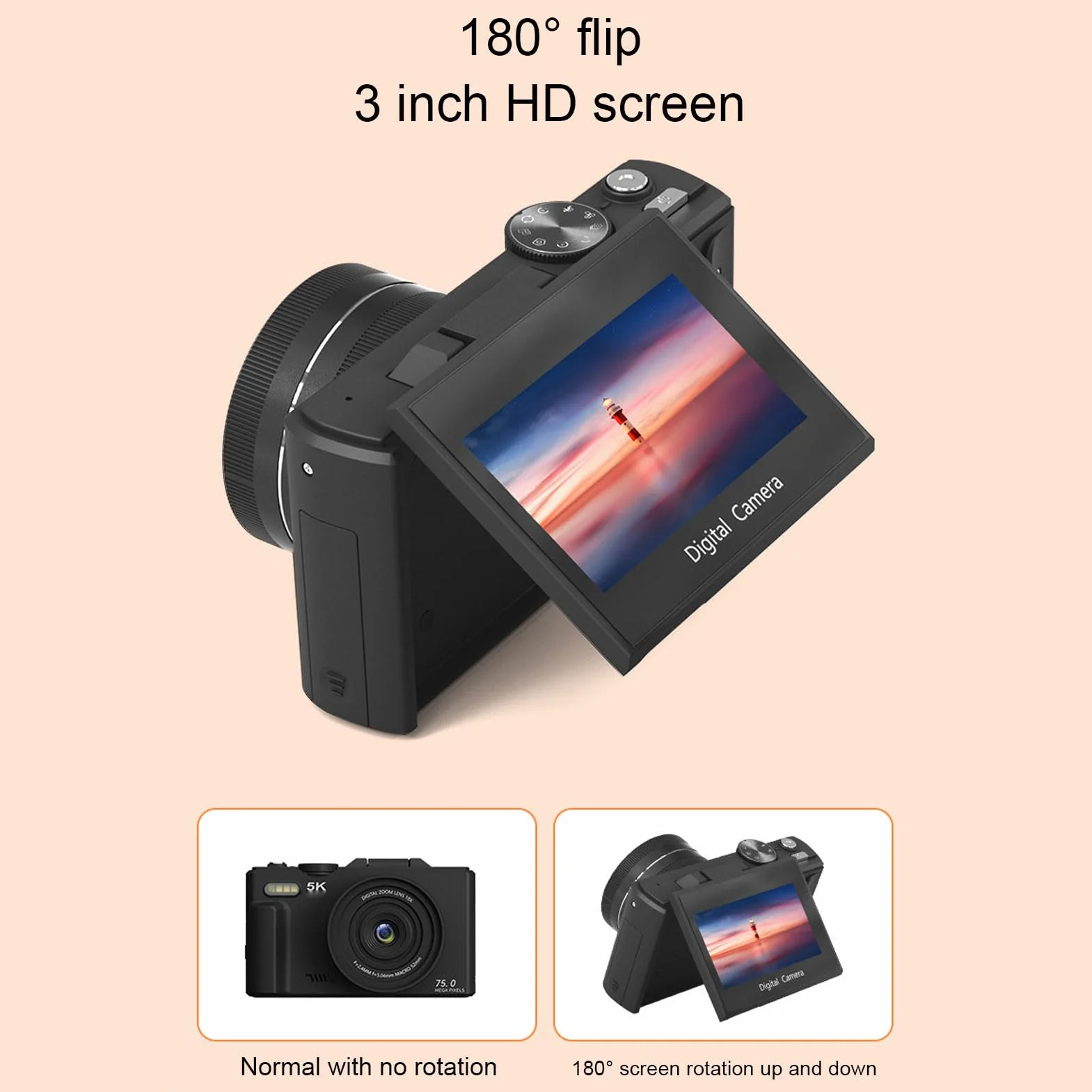 Keenso Aparat Cyfrowy, 5K 75MP 3 "180 ° Ekran Klapka 18x Cyfrowy Zoom Kamera Vlogowania dla Początkujących