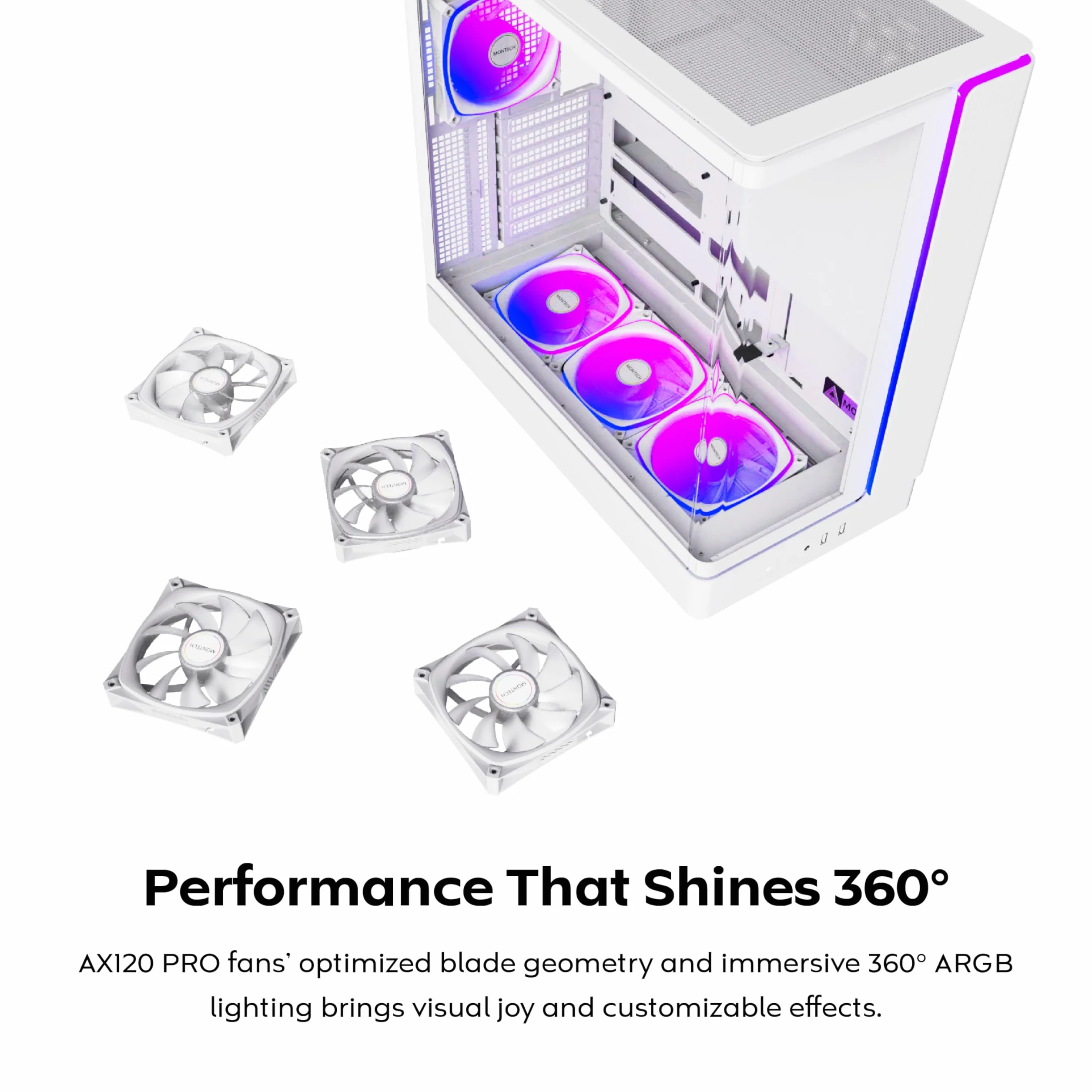 MONTECH King 45 PRO ATX PC obudowa, zakrzywione szkło panoramiczne, przepływ powietrza kominowego, wsparcie chłodnicy 360 mm, kompaktowa konstrukcja do systemów o wysokiej wydajności, wentylator PWM 4