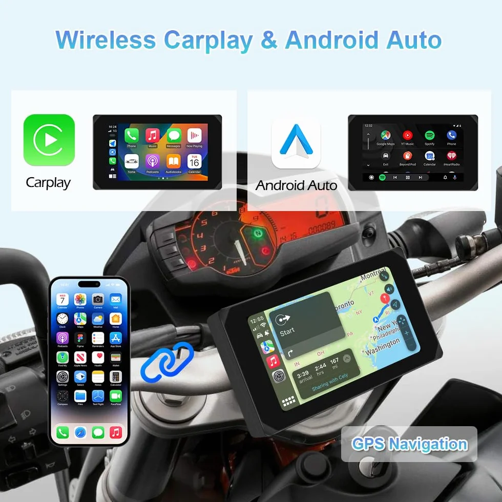 Wyświetlacz VSYSTO Motorrad Carplay, Bezprzewodowy Carplay i Android Auto, Nawigacja GPS, Czujniki Ciśnienia w Oponach, 5-Calowy Ekran Dotykowy WiFi HD 1080P Przednia i Tylna Kamera Motocyklowa (CS5)
