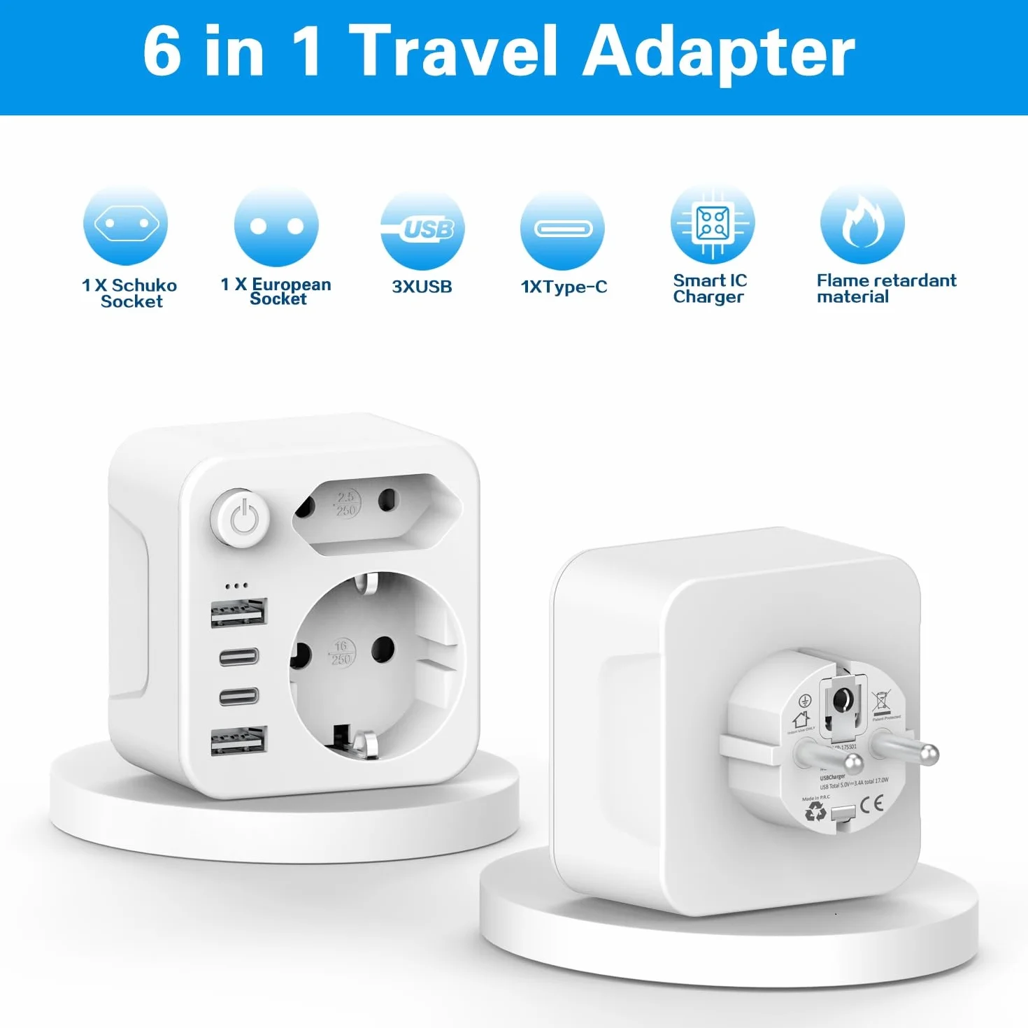 Wielokrotne gniazdko z 4 zasilaczami usb, gniazda z USB C, wielokrotne wtyczki do gniazdka, 2 adaptery