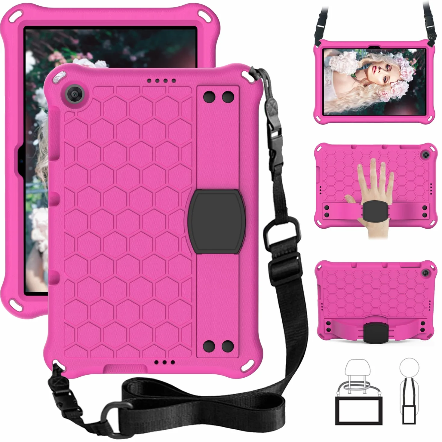 Etui ochronne do Huawei MatePad T10 9,7 cala / MatePad T10s 10,1 cala / Enjoy Tablet 2 (2020), wytrzymałe, odporne na wstrząsy silikonowe etui ochronne z uchwytem stojakiem i paskiem na ramię - różowo-czerwone + czarne