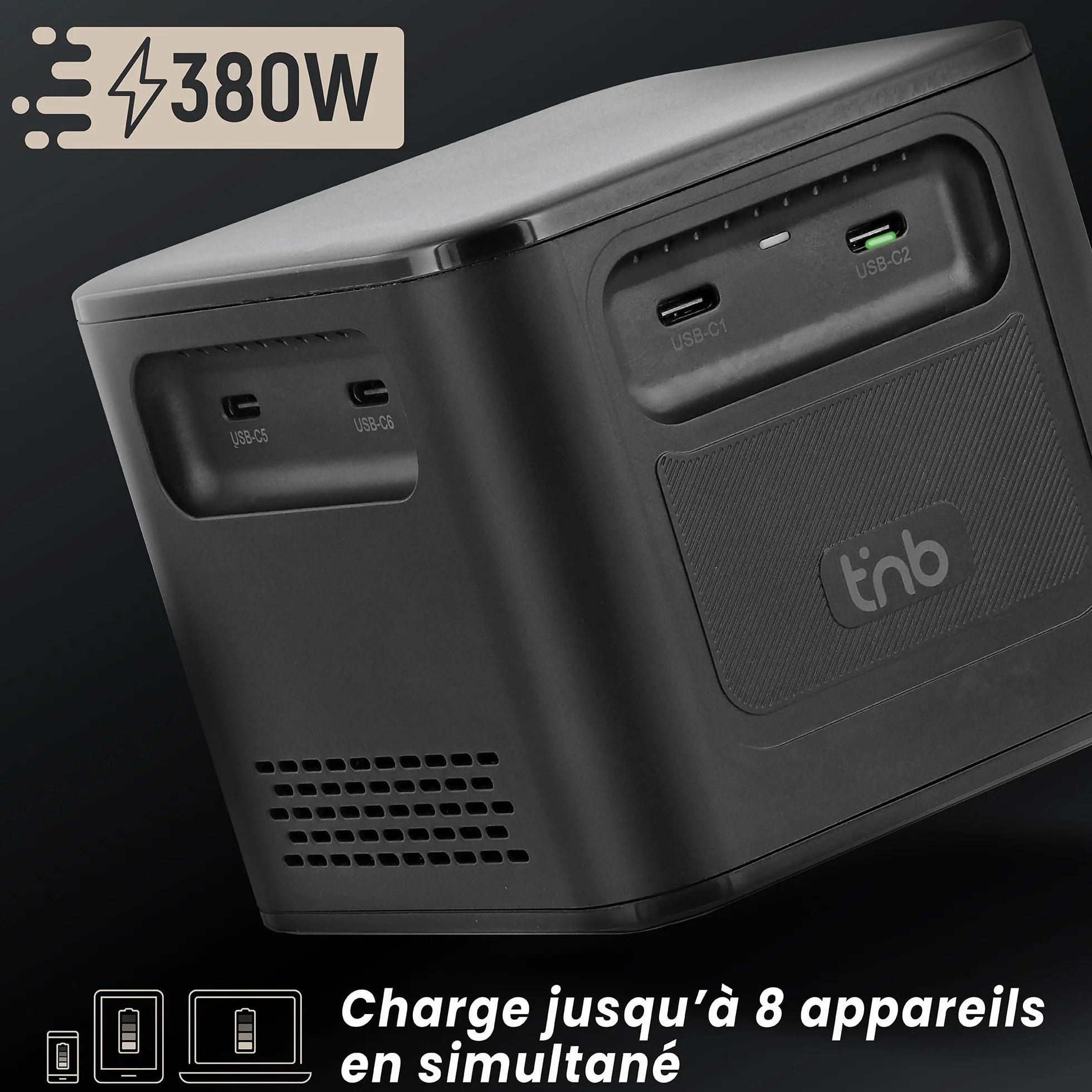 T'nB - Stacja ładująca z 8 portami ładującymi, technologią PD 3.1, 380W, 6 portów USB-C i 2 portami USB-A, kompaktowy format - czarny