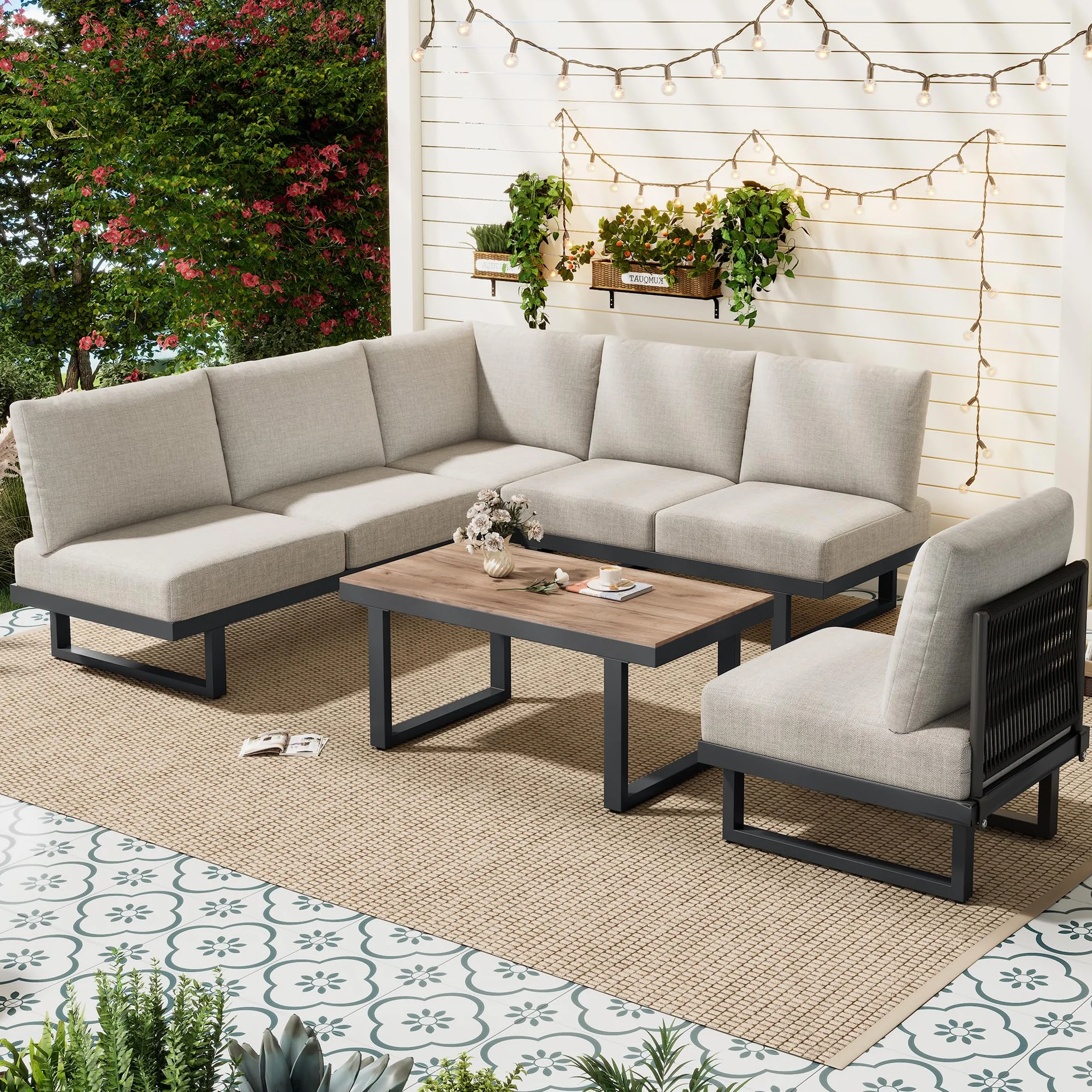 5-częściowy zestaw mebli ogrodowych fotel sofa narożna łóżko relaksacyjne stolik kawowy ocynkowana stal szaro-beżowy
