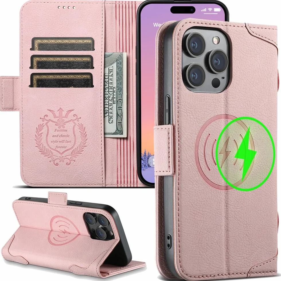 dla iPhone 16 Plus (kolor: różowy) stylowy skórzany portfel etui magnetyczne etui z klapką dla łatwego dostępu