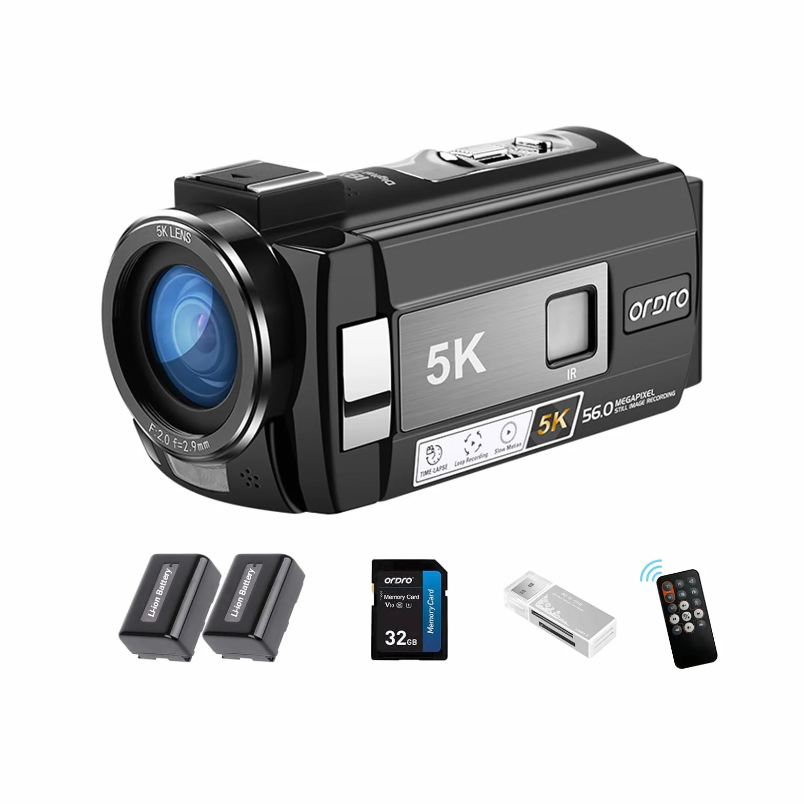 ORDRO Kamera wideo 5K, kamera do vlogowania 56 MP z noktowizorem na podczerwień, ekran dotykowy UHD 3,0 cala, zoom 18x, stabilizator EIS, Wi-Fi, 2 baterie, pilot zdalnego sterowania, przewód kamery z