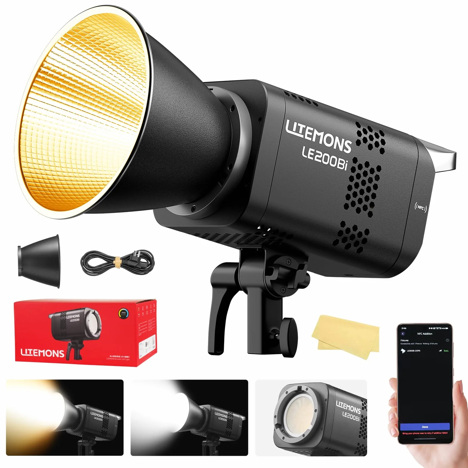 Godox LE200Bi lampa wideo LED COB, Godox LE200 Bi 220 W dwukolorowa CRI/TLCI 98+ profesjonalny montaż Bowens światło ciągłe 57700 Lux@1 m aplikacja DMX sterowanie ultra ciche do nagrywania wideo