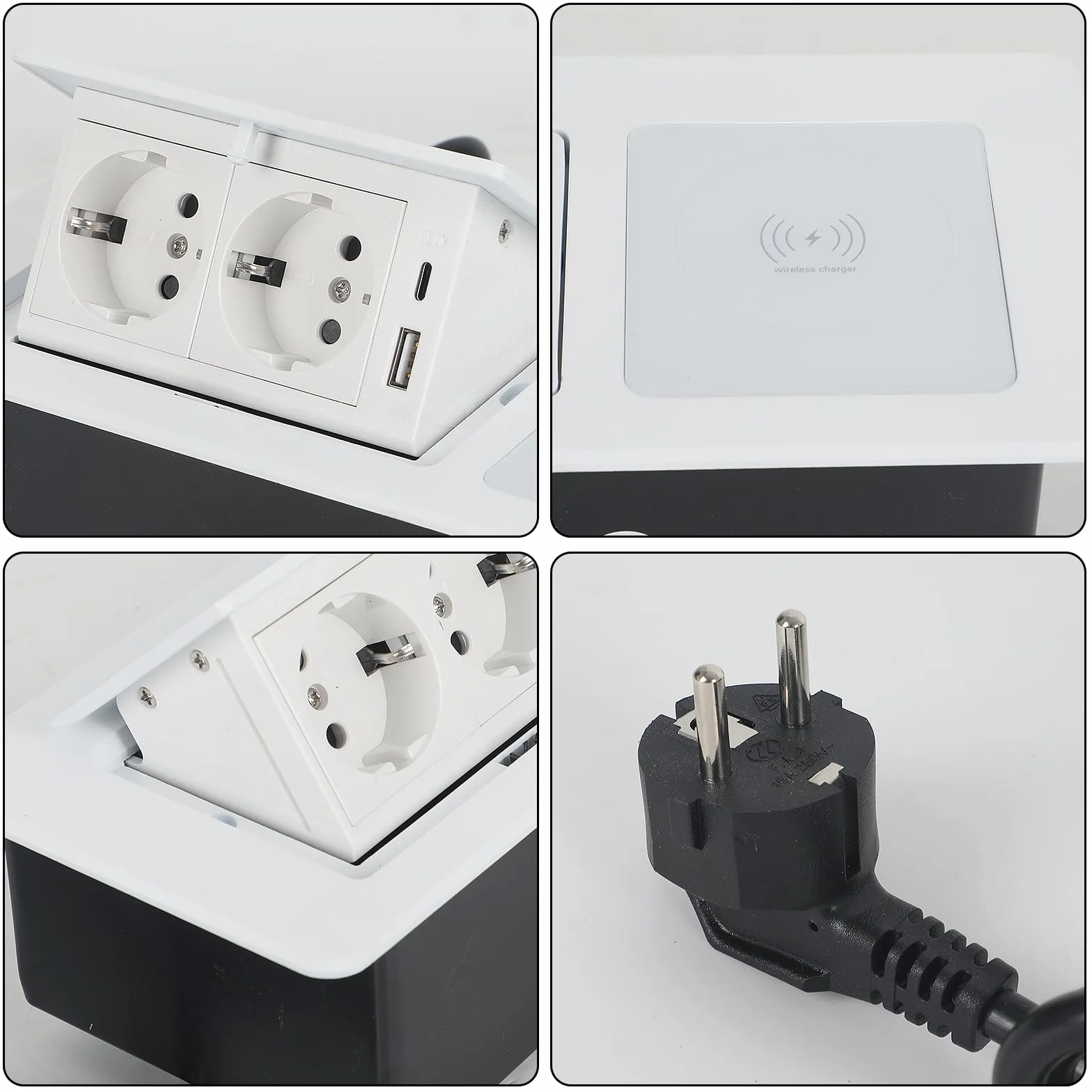 Wysuwane gniazdko elektryczne, 2 gniazda do zabudowy, z USB i bezprzewodową ładowarką 15 W, typ C, 20 W, białe gniazdko do biura, na blat roboczy