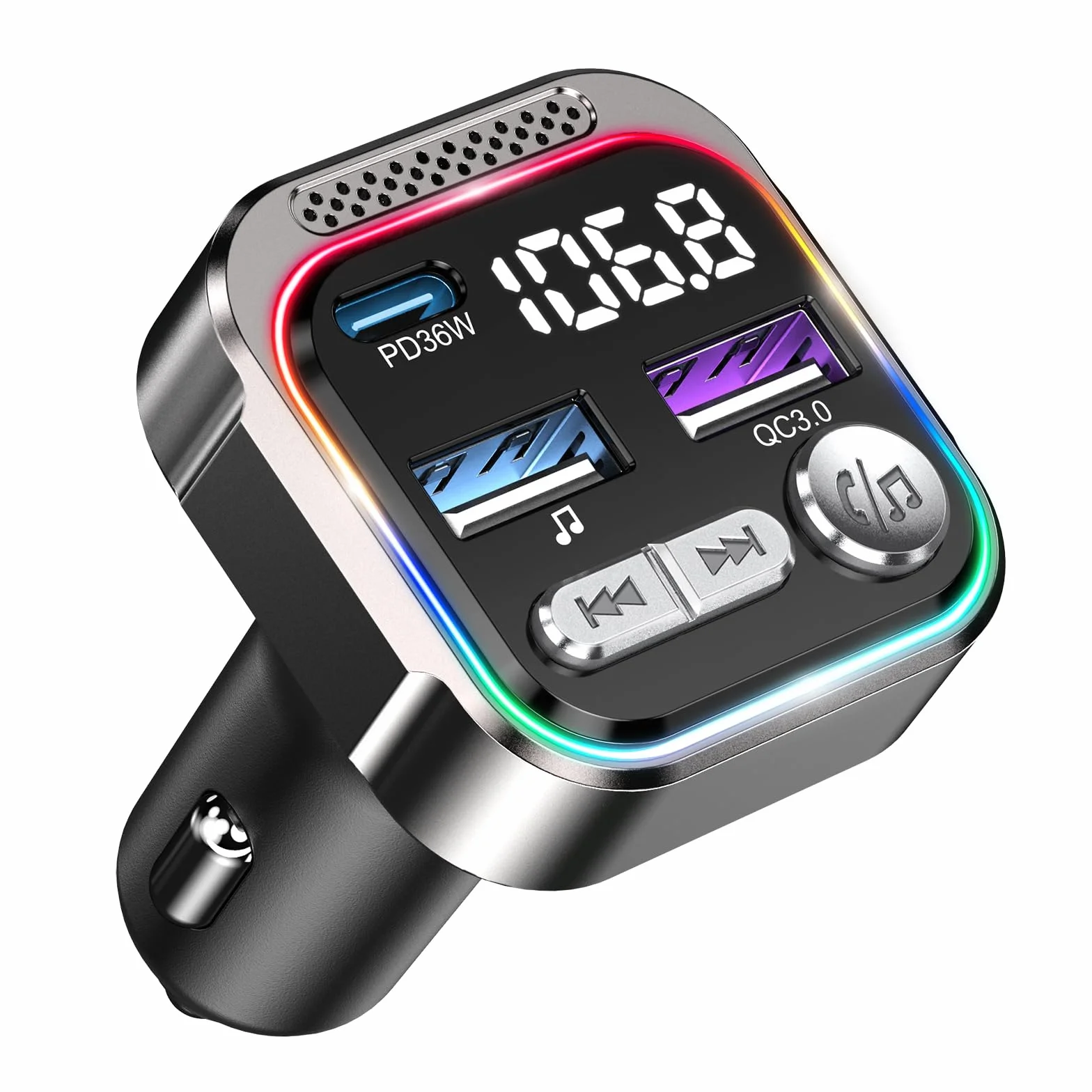 ORIA Nadajnik FM Bluetooth 5.3 66W, PD 36W + QC3.0 18W Samochodowy Nadajnik Bluetooth Radio, Połączenia Głośnomówiące, Synchronizacja Muzyki, Światło Oddechowe, Samochodowy Adapter Muzyczny