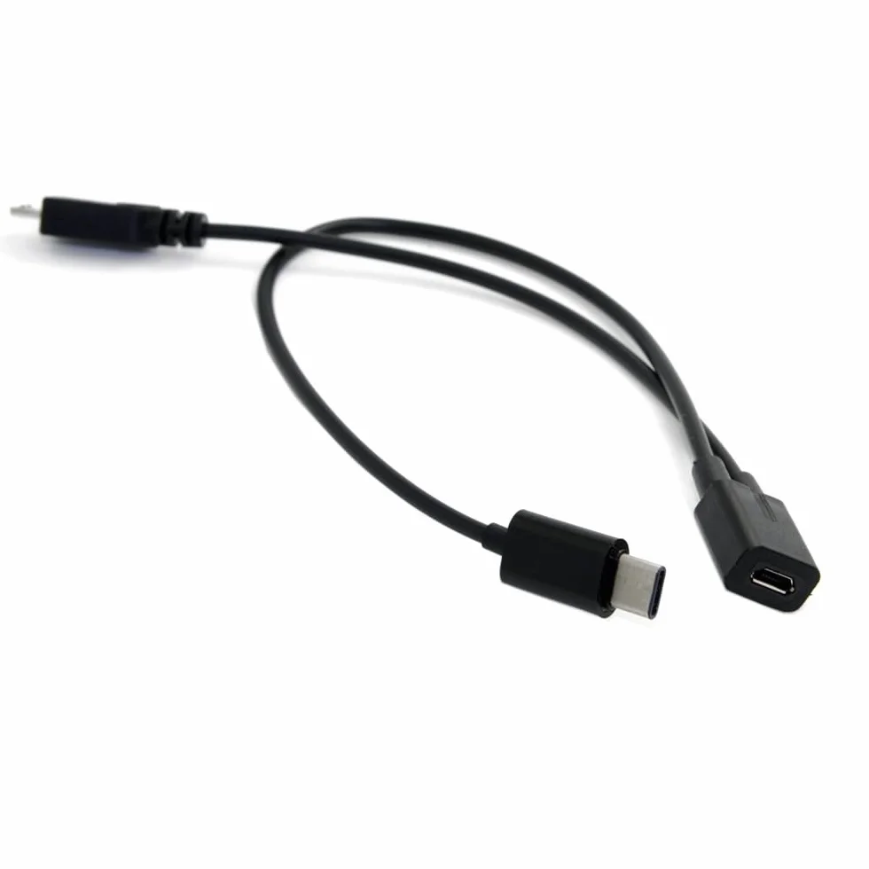 Adapter USB-C na MicroUSB, 2-portowy, AWG 28, czarny Micro USB żeński na USB-C typ C USB 3.1 Micro USB męski rozdzielacz przedłużający kabel do ładowania