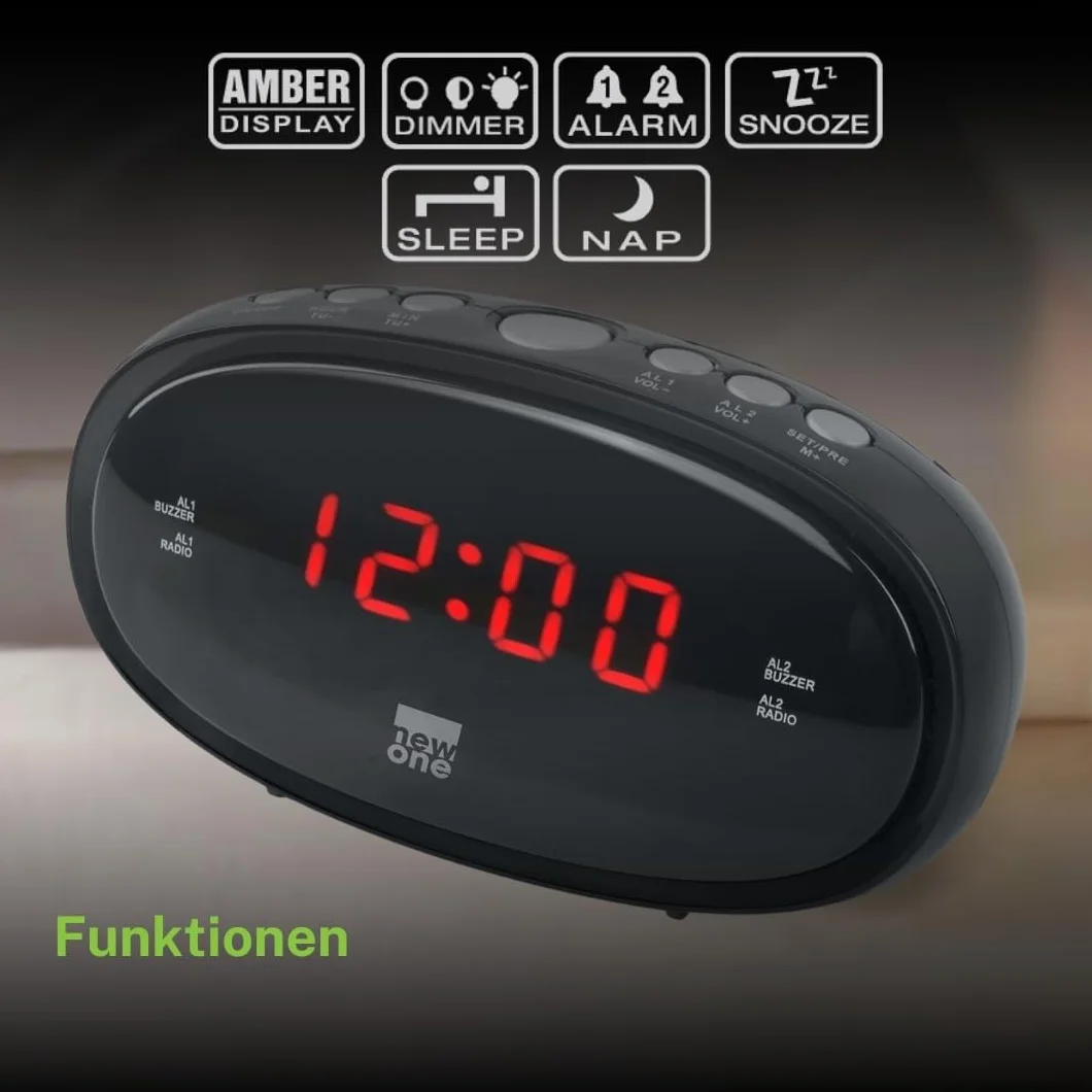 New One CR-100 radio z zegarkiem z możliwością ściemniania, dużym wyświetlaczem, podwójny alarm