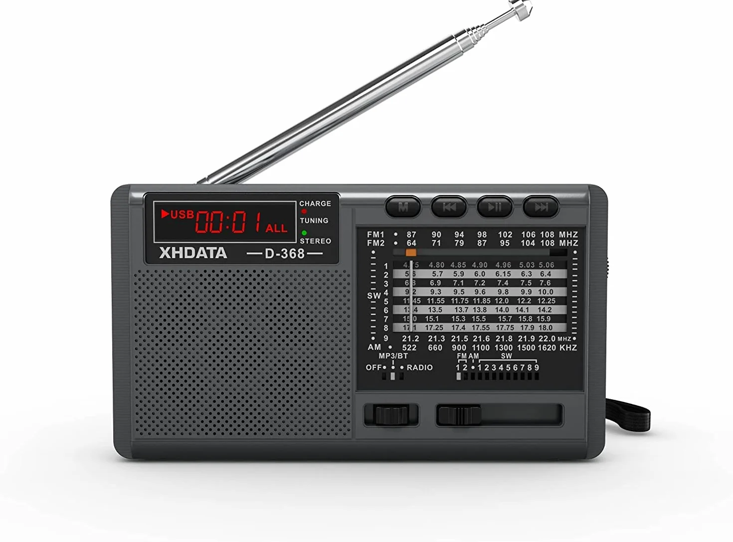 XHDATA D368 Przenośne Radio Tranzystorowe Kompaktowe FM/AM(MW)/SW Mini Z Bluetooth USB TF Na Baterie