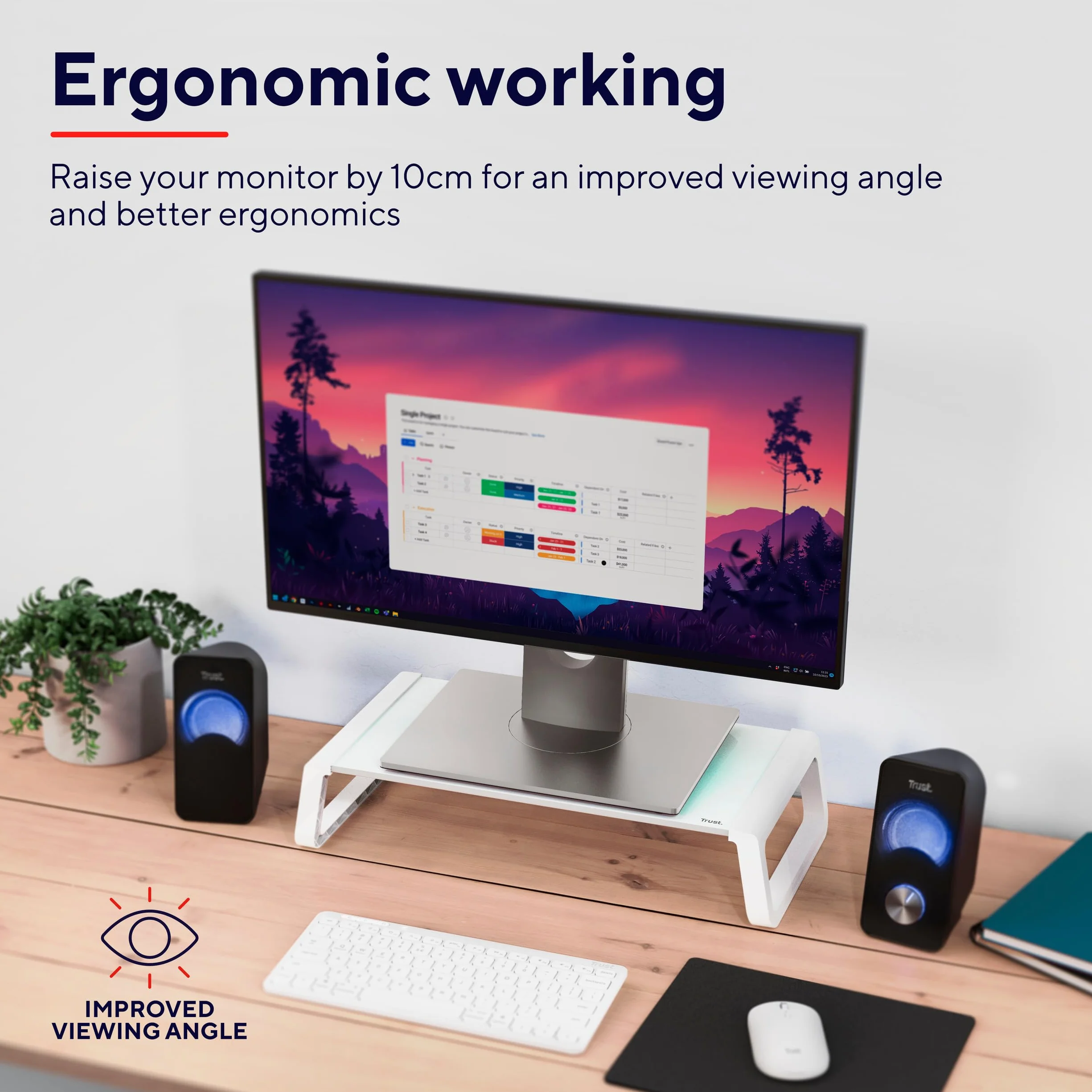 Trust Monta Stojak na monitor, stojak na ekran ze szkła hartowanego, uniwersalny organizer do półek, ergonomiczny, na biurko, do komputera PC, Mac, komputera, notebooka, domowego biura, biały