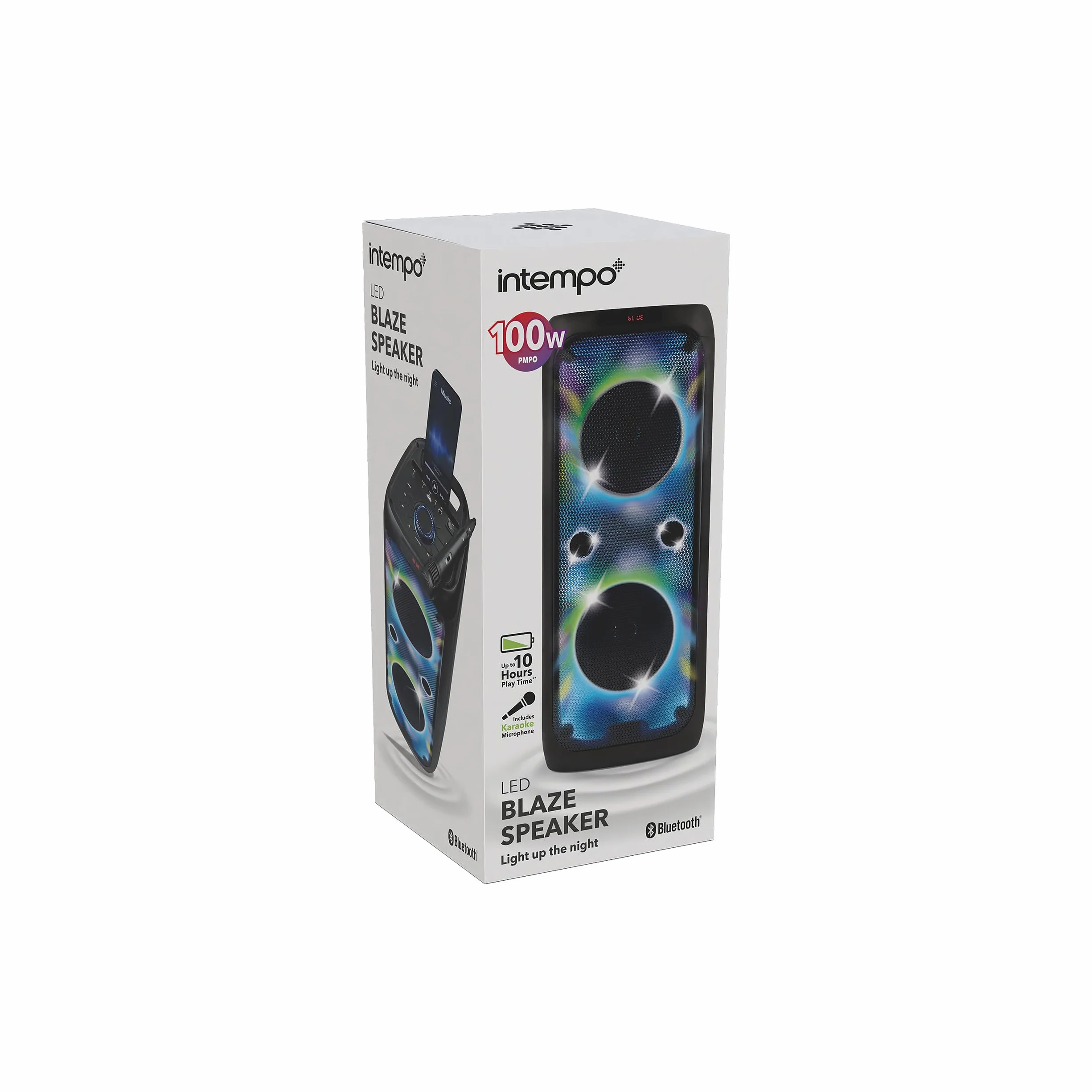 Intempo Blaze głośnik Bluetooth imprezowy 100 W PMPO z mikrofonem karaoke | 5 trybów oświetlenia LED, zasięg bezprzewodowy 25 m, akumulator 3000 mAh, do 10 godz. odtwarzania