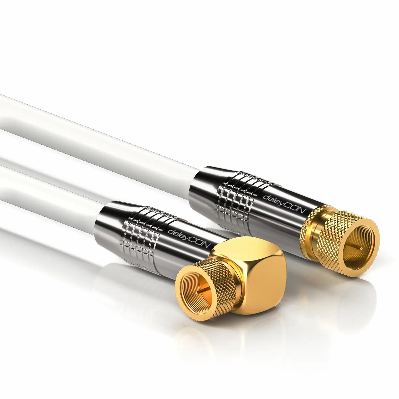 deleyCON 1m SAT Kabel Antenowy Satelitarny Koncentryczny - HDTV Full HD 4K - Wtyk F 90° Kątowy do Wtyk F Prosty - Biały