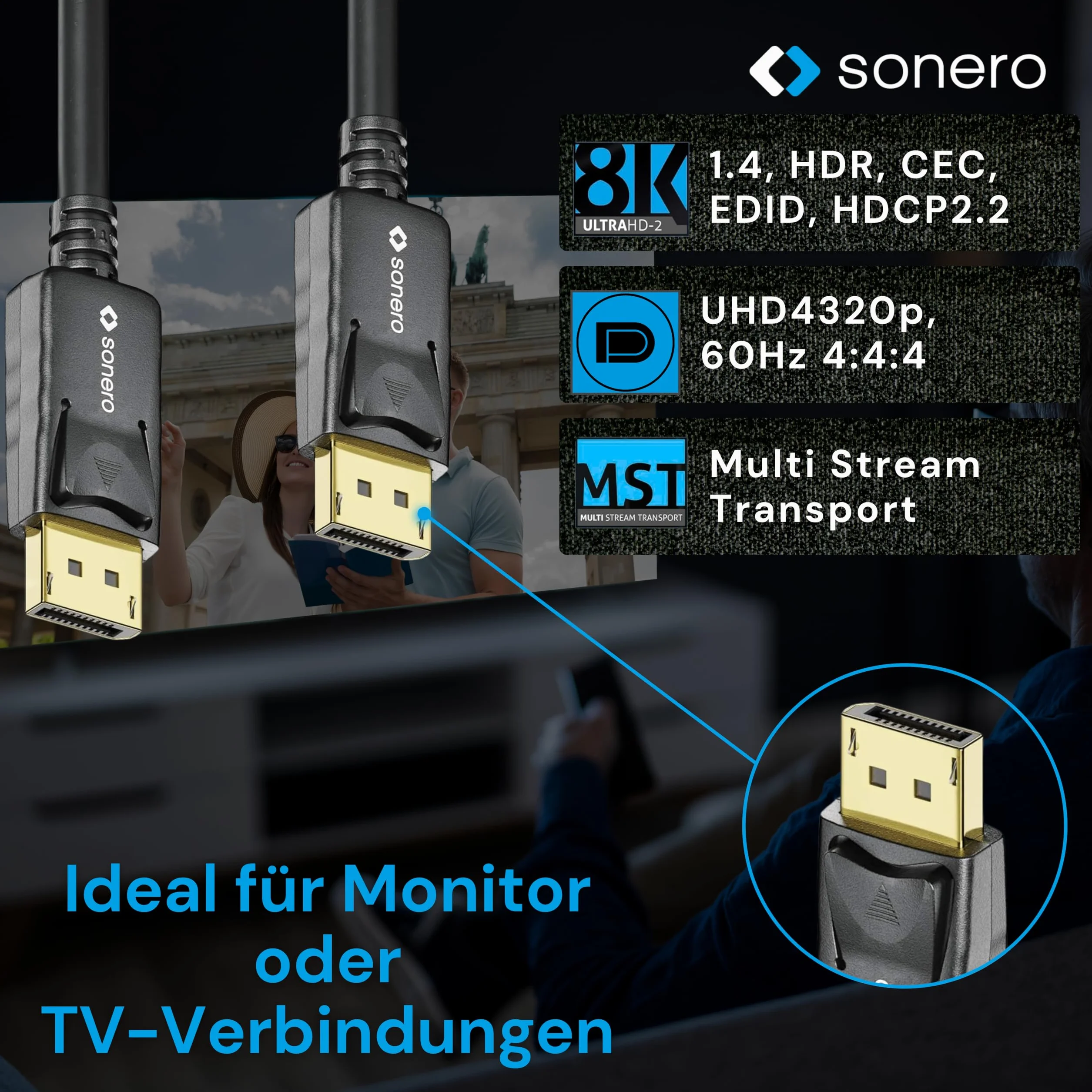 sonero Kabel DisplayPort 1.4 o długości 1,8 m, DisplayPort do DisplayPort, 8K przy 60 Hz, czarny
