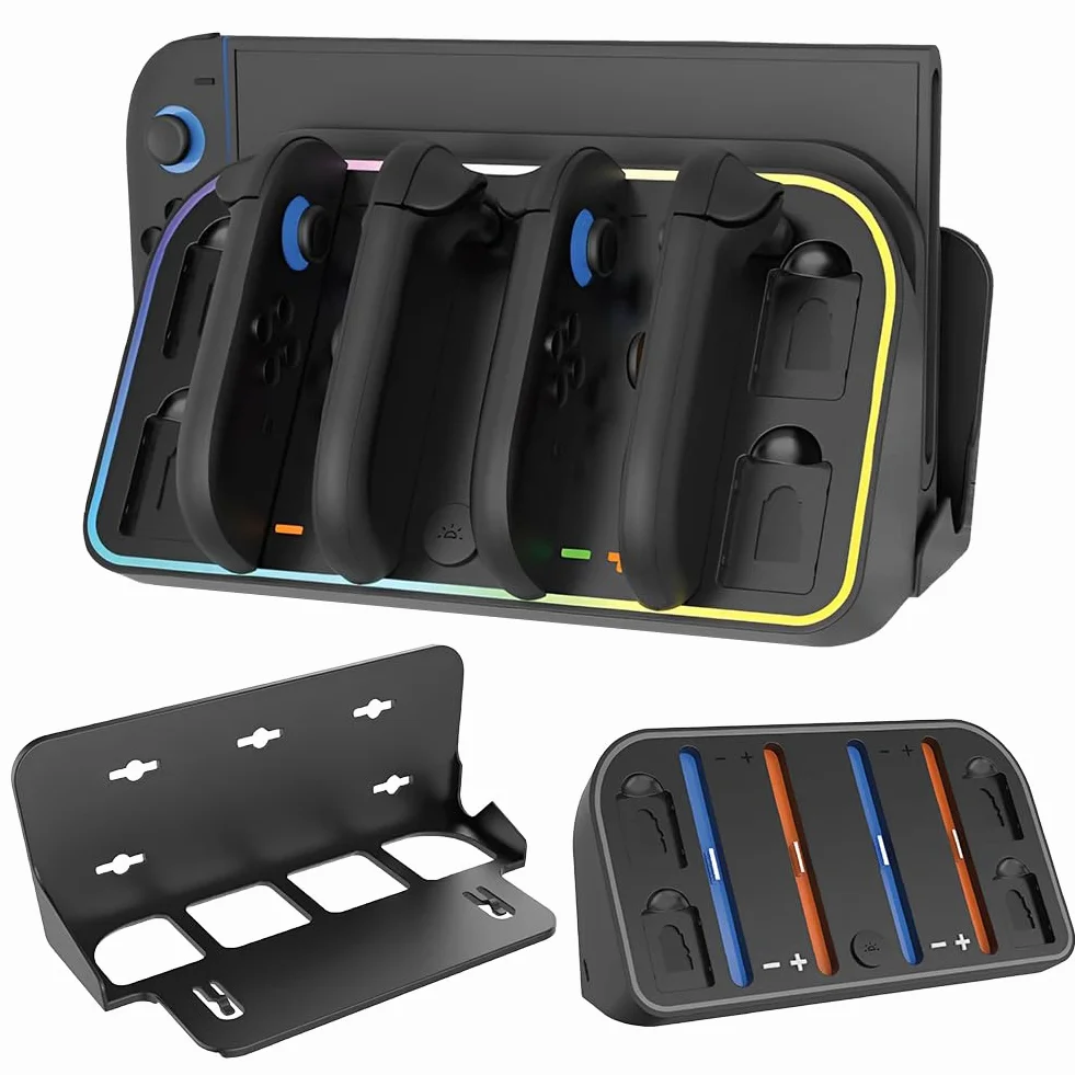 Ścienna stacja ładująca do Switch2 z oświetleniem RGB, możliwość personalizacji, uchwyt na 4 kontrolery i 4 karty