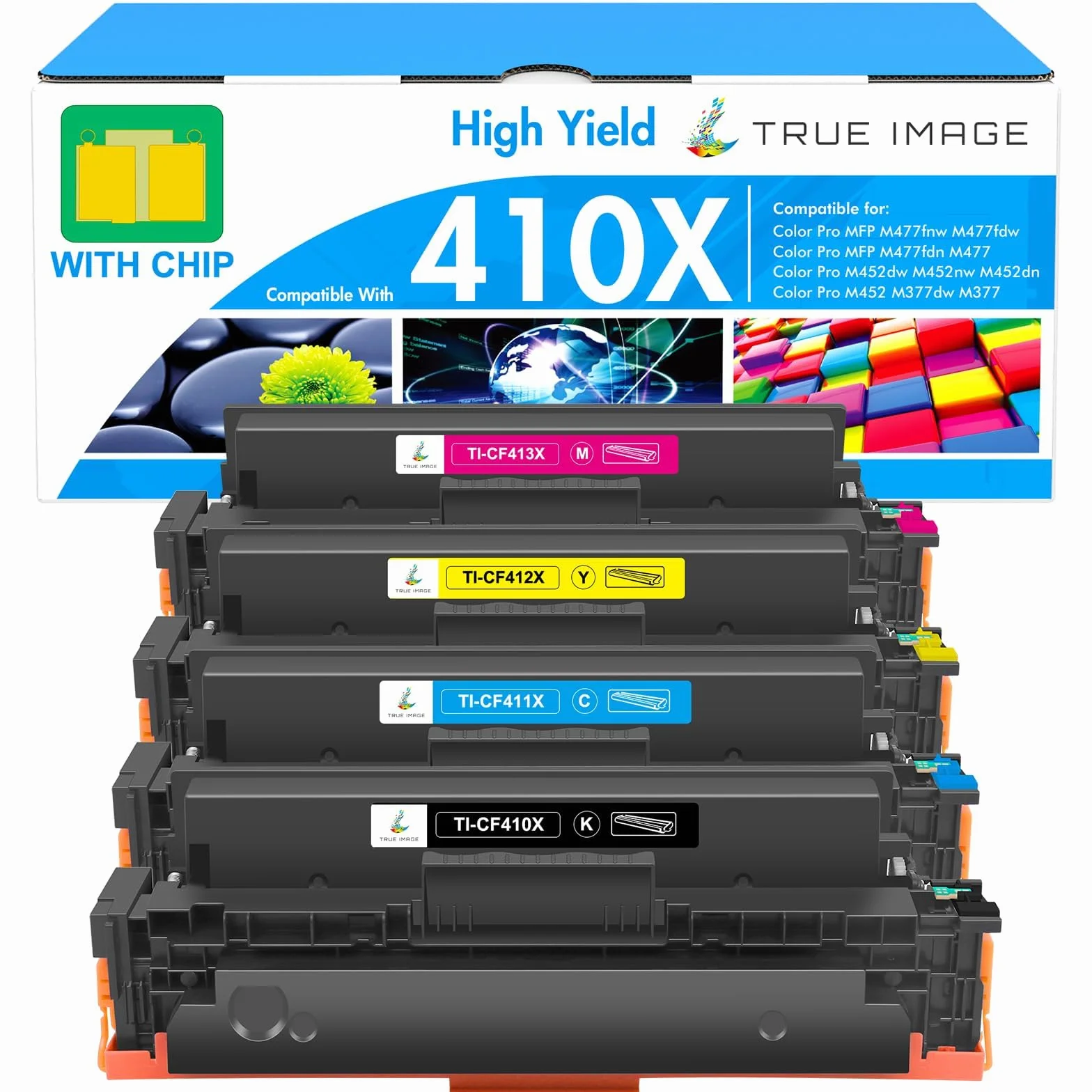 TRUE IMAGE Kompatybilny zamiennik kasety z tonerem do 410X CF410X CF411X CF412X CF413X Laserjet Pro MFP M477fdw M477fdn M377dw M452nw M452dn M477fnw M452dw (czarny, cyjan, żółty, magenta, 4-pak)