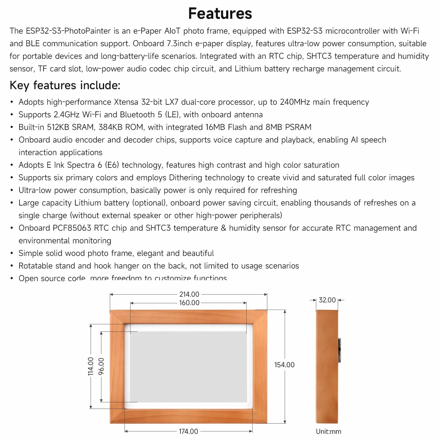Waveshare ESP32-S3-PhotoPainter 7.3inch E6 Full Color E-Paper Display with Solid Wood Photo Frame, Ultra-Long Standby, 800 × 480 Resolution, No BAT