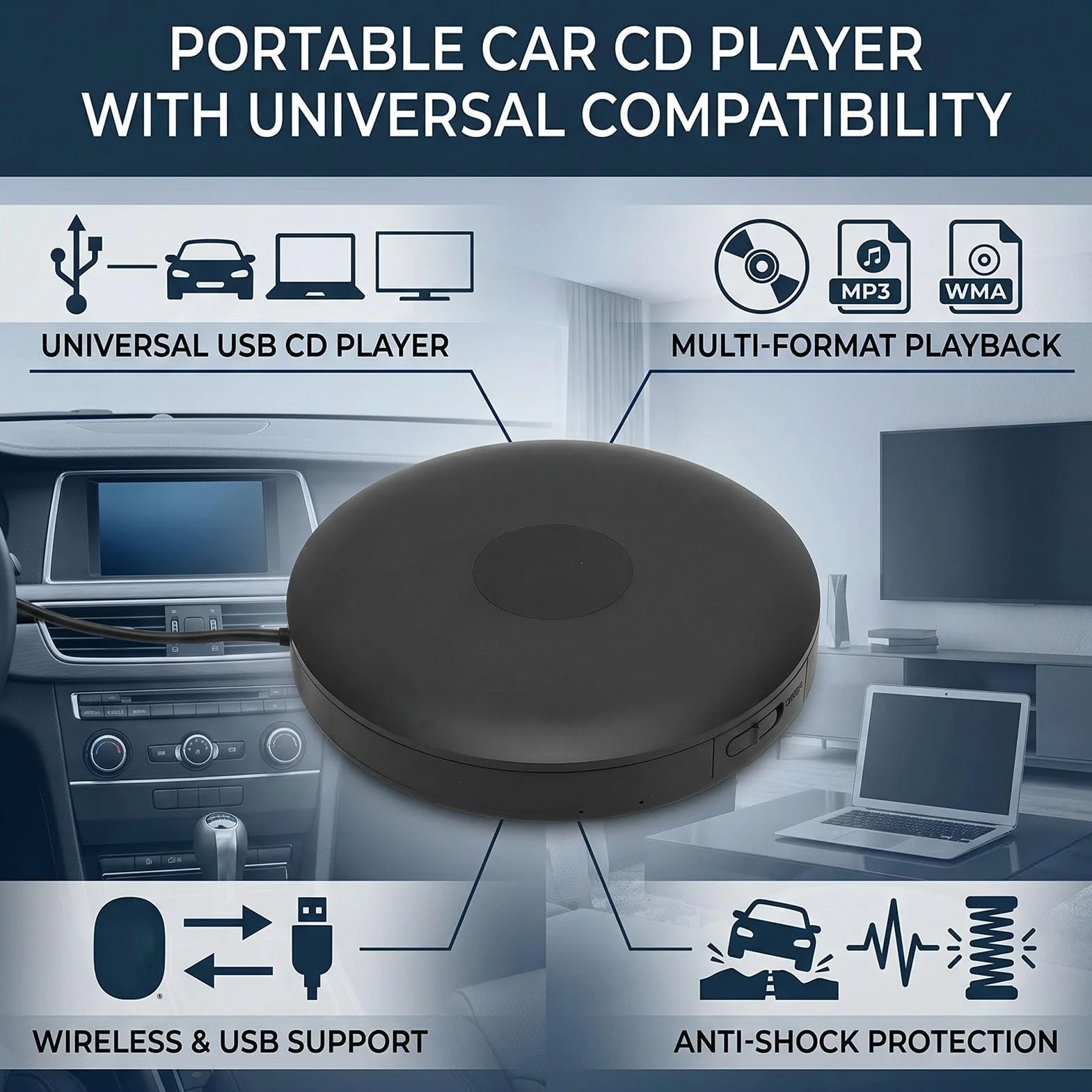 Sxhlseller Zewnętrzny Samochodowy Odtwarzacz CD z Bluetooth, Interfejsem USB, Odpornym na Wstrząsy Przenośnym Odtwarzaczem Muzyki, do Laptopa, Telewizora, Komputera, Pojazdów
