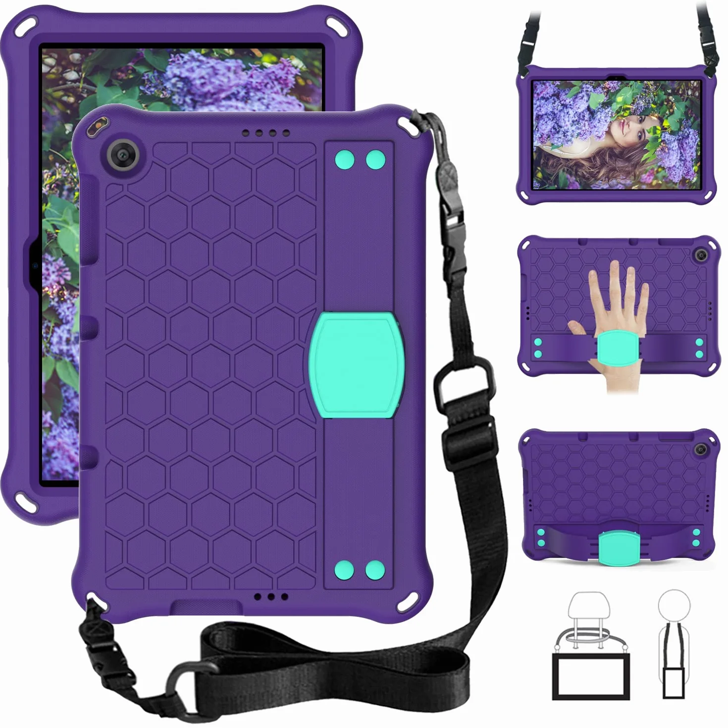 Etui ochronne do Huawei MatePad T10 9,7 cala / MatePad T10s 10,1 cala / Enjoy Tablet 2 (2020), wytrzymałe, odporne na wstrząsy silikonowe etui ochronne z uchwytem stojakiem i paskiem na ramię - fioletowe + Aqua