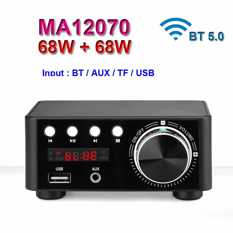 Wzmacniacz Hi-Fi，Wzmacniacz audio 68 W + 68 W Infineon MA12070 Wzmacniacz Bluetooth 5.0 Cyfrowy wzmacniacz mocy audio Klasa D USB AUX TF Kino domowe HiFi Stereo Mini(Siver Amplifier)