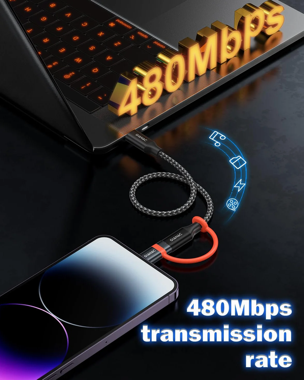 GIANAC Adapter USB C na Lightning (2 sztuki), szybkie ładowanie z linką zapobiegającą zgubieniu, adapter Lightning USB C do iPhone 14, 13, 12, 11 Pro Max, iPad Pro/Air
