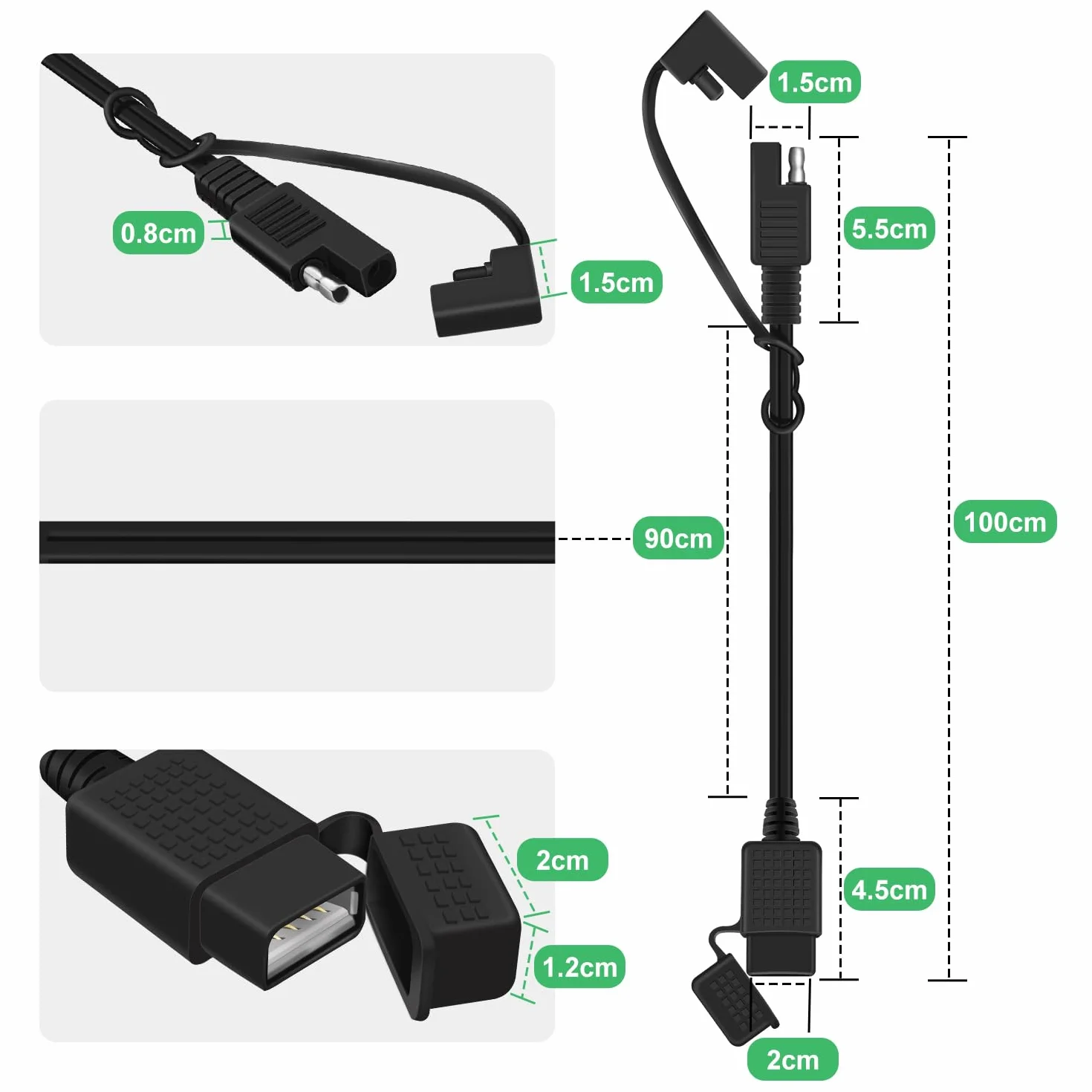 SAE na kabel USB 18 AWG 5 V 2,1 A, adapter SAE 2-pinowy na USB, z wodoszczelną osłoną, do telefonu, tabletu, ładowarki GPS (przyłącze 1, 1 m)
