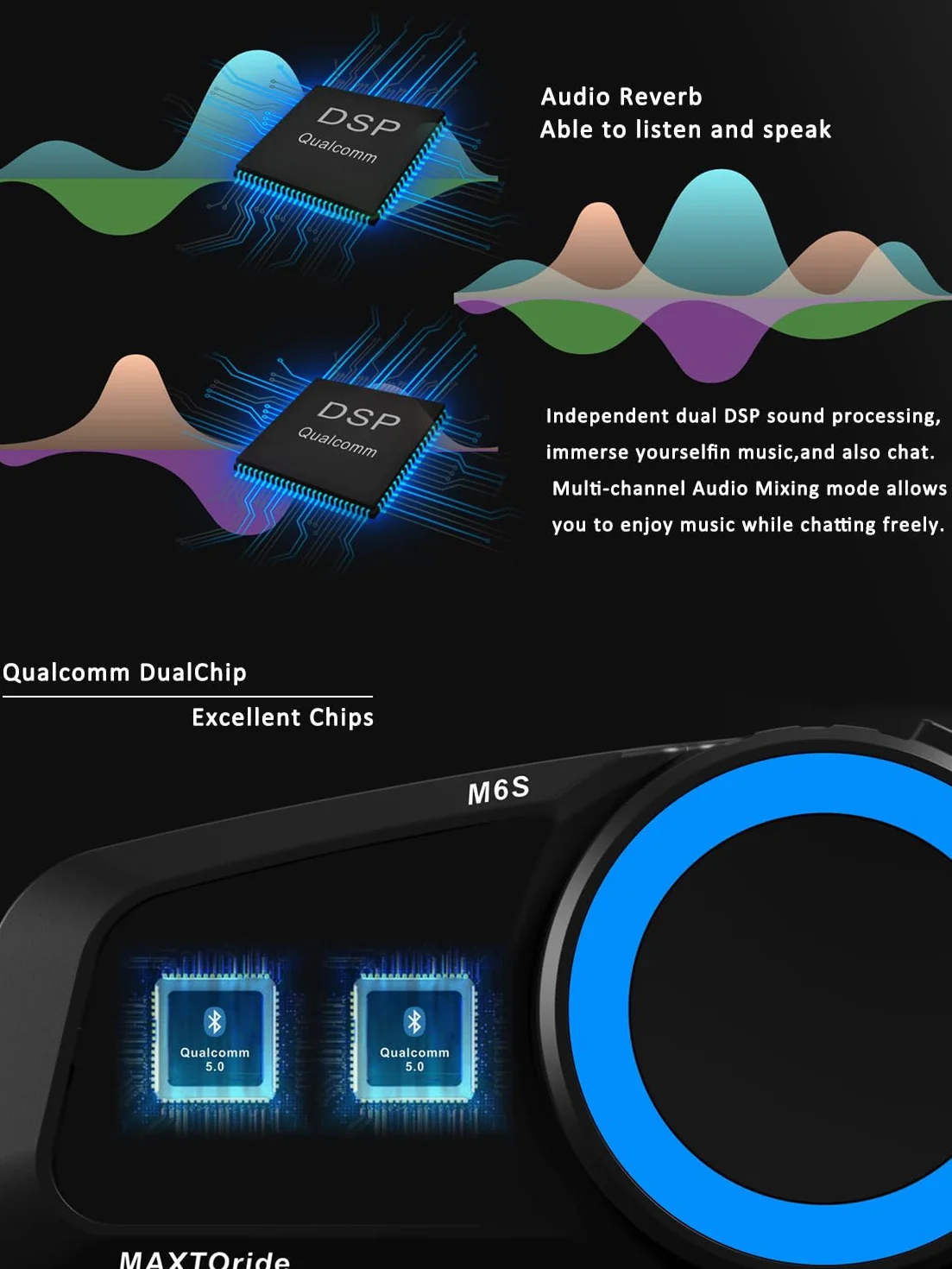 MAXTO Zestaw słuchawkowy Bluetooth do motocykli, interkom z siateczką, system komunikacji 1000 M do motocykli, interkom dla 8 kierowców, redukcja szumów CVC + DSP, wodoszczelność IP67, 2 sztuki w