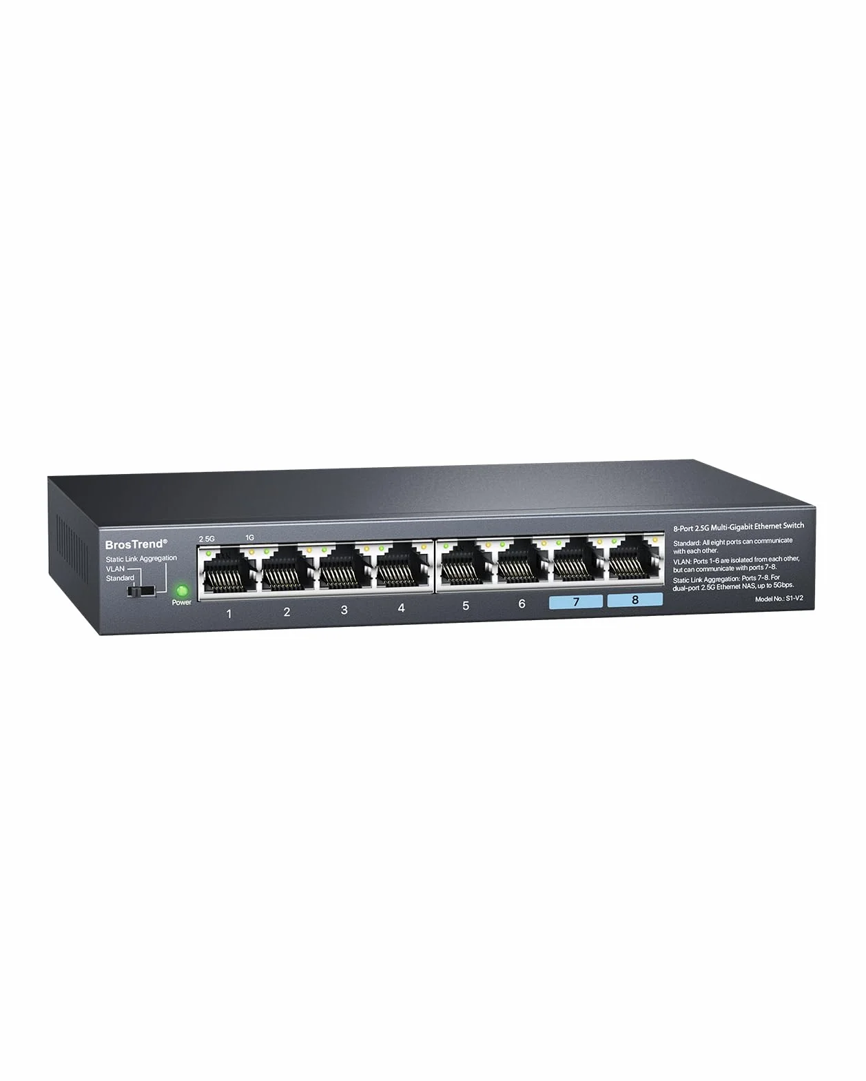 BrosTrend Przełącznik 2,5 Gb, niezarządzany 8-portowy przełącznik Ethernet 2,5 Gigabit obsługujący agregację statycznych łączy i VLAN, rozdzielacz Multi Gig do gier, NAS, PC, dożywotnia gwarancja