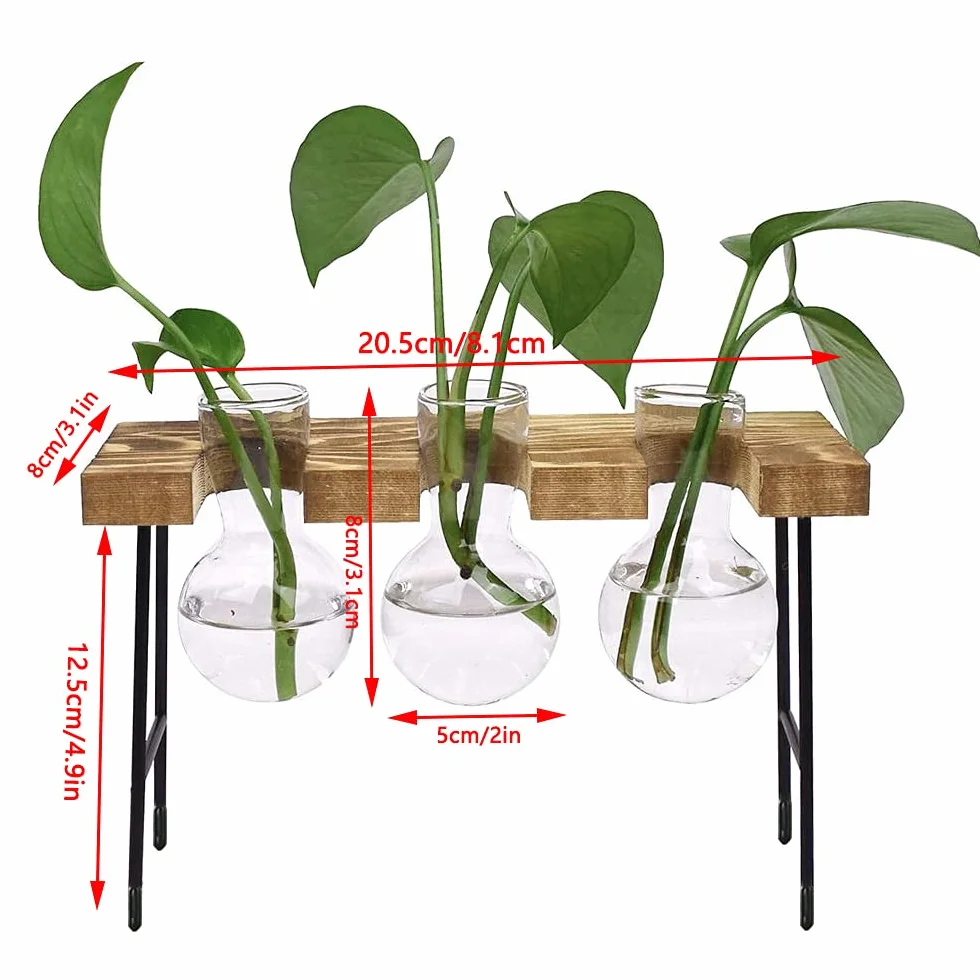 Hydroponiczny szklany wazon, wazon hydroponiczny, szkło do terrarium, z drewnianym regałem, na hydroponiki, rośliny, rośliny powietrzne, terrarium, domowe biuro, dekoracja ogrodowa, 3 wazony na kwiaty